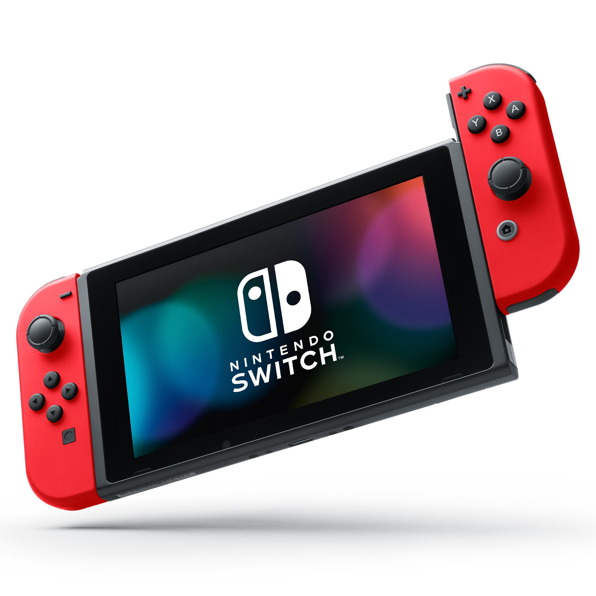 Nintendo Switch Konsole mit roten Joy-Con Controllern. Der Bildschirm zeigt ein farbenfrohes Logo vor weißem Hintergrund.