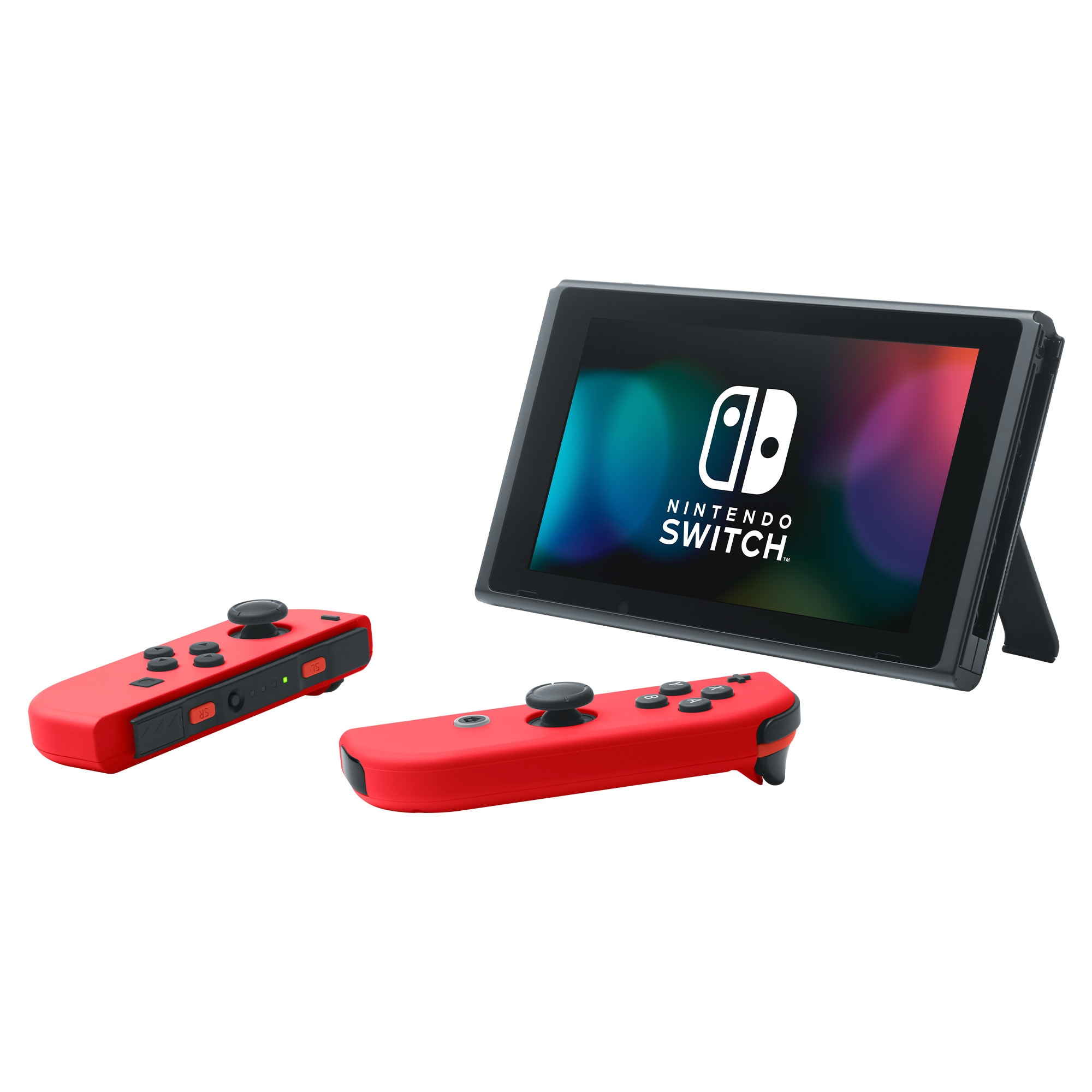 Nintendo Switch-Set mit Konsole und zwei roten Joy-Con-Controllern. Es befindet sich auf weißem Hintergrund.