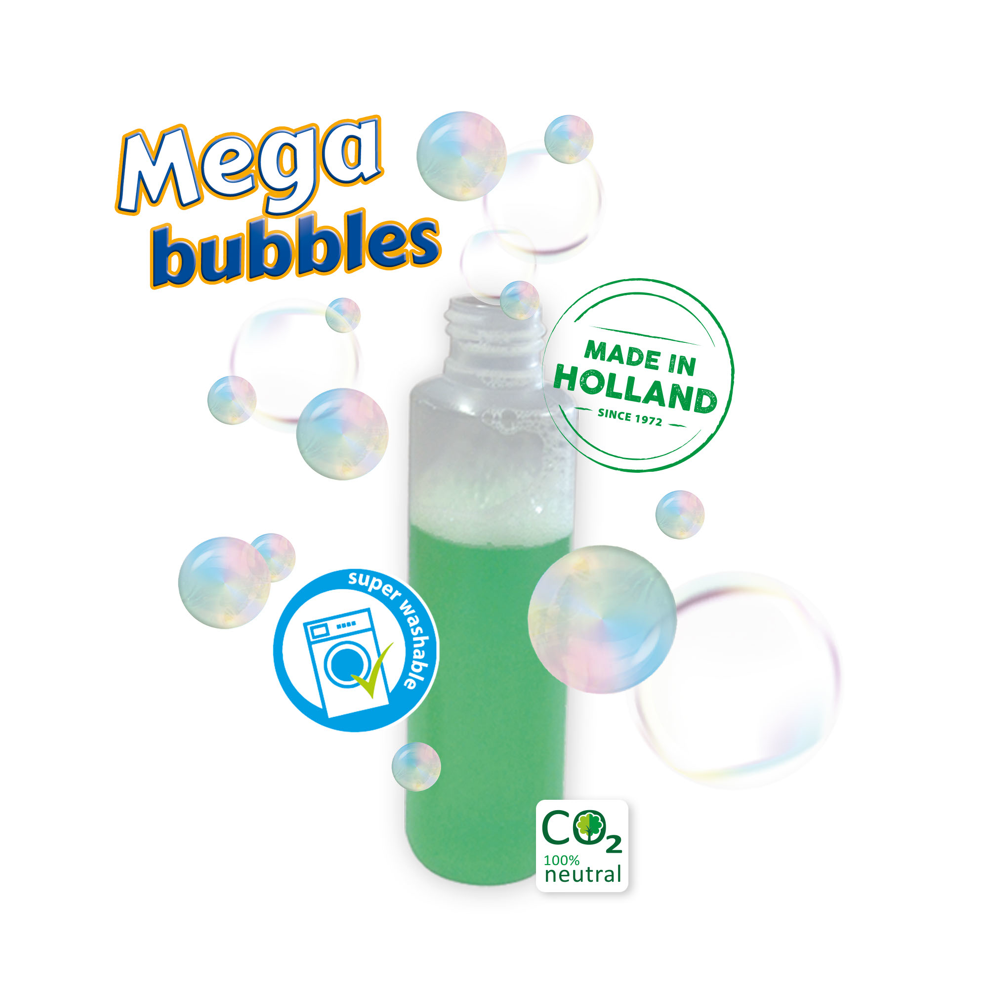 Butelka płynu do baniek Mega Bubbles z bańkami i logo, na białym tle.