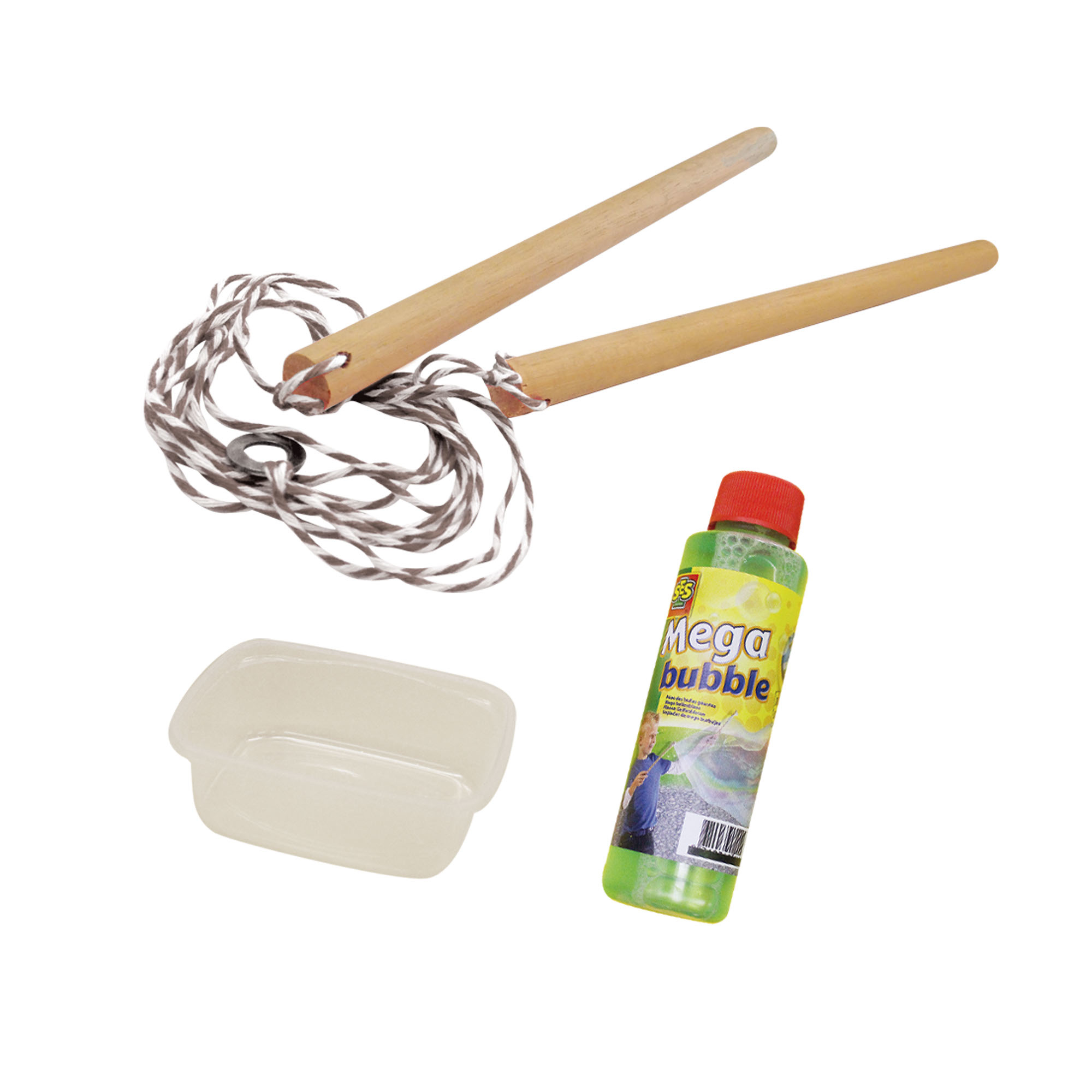 Zestaw Mega Bubbles: Drewniane patyczki, pojemnik i butelka z płynem do baniek.