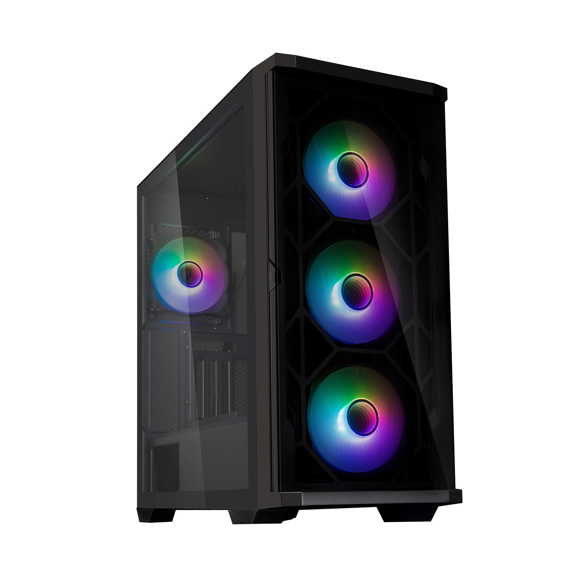 Case PC nero, vista laterale con ventole e illuminazione RGB. Pannello in vetro. Sfondo bianco.