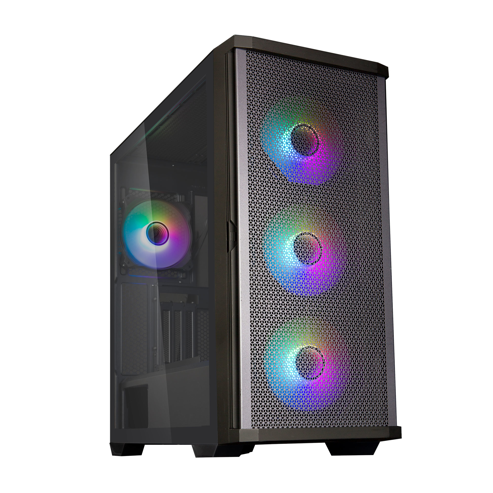Case PC nero, vista laterale. Parte anteriore a rete, ventole RGB visibili. Pannello in vetro. Sfondo bianco.