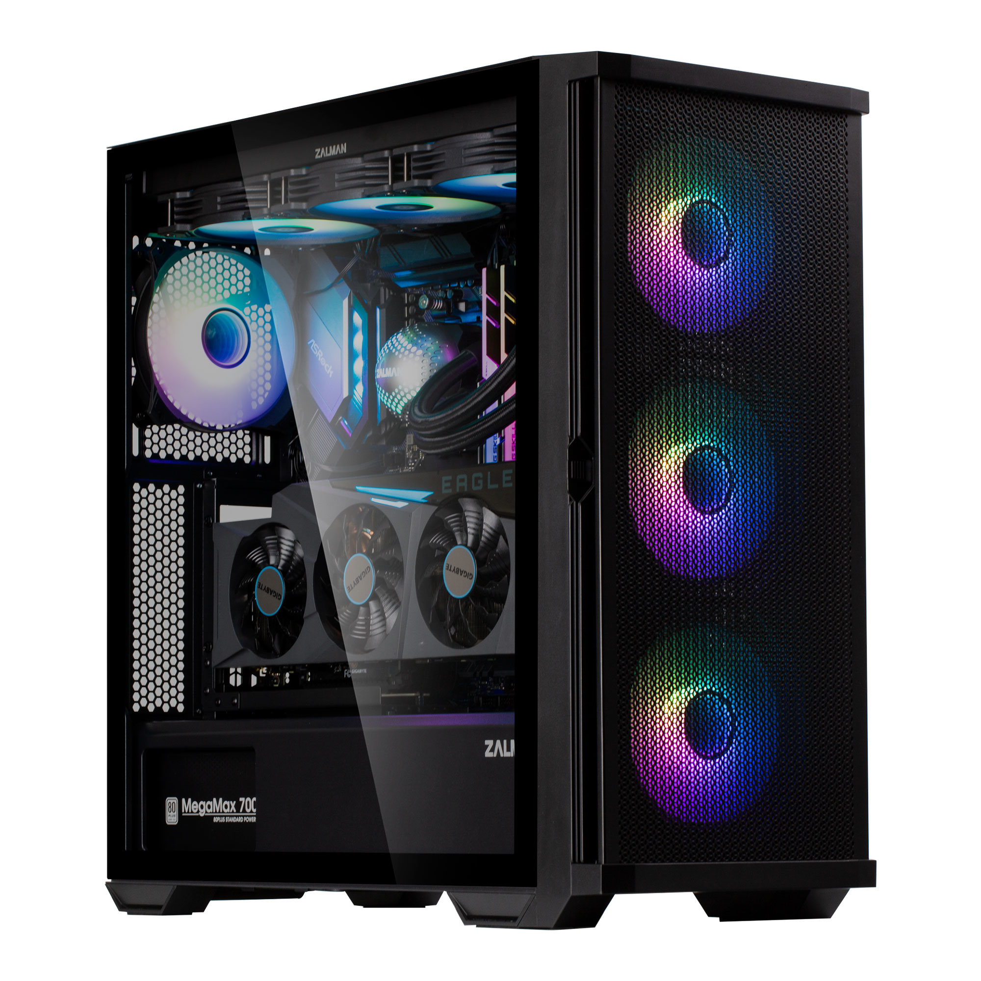 Case PC nero con pannello laterale in vetro che rivela i componenti. Ventole RGB visibili, sfondo bianco.