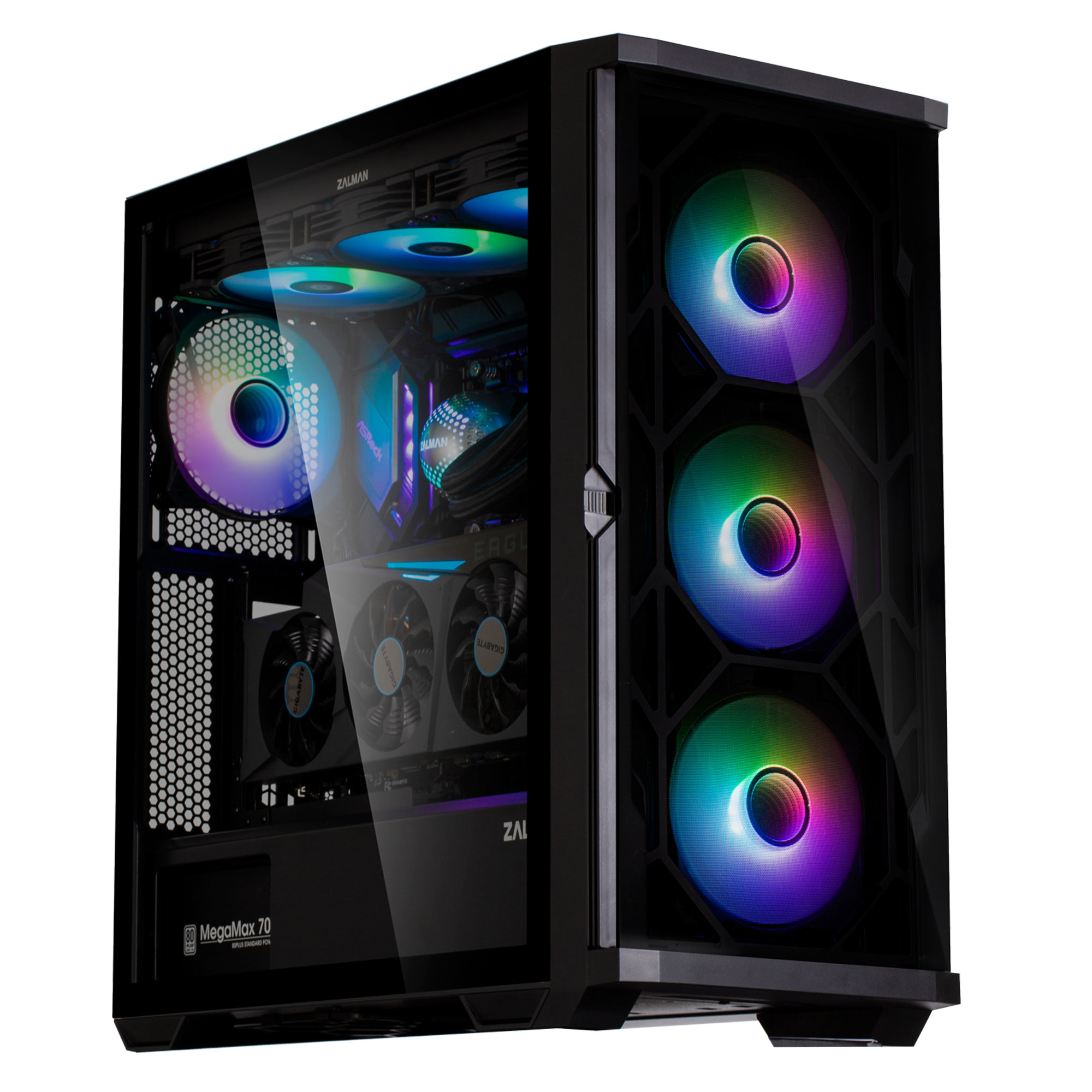 Case PC nero con pannello laterale aperto. Ventole RGB e componenti interni visibili. Sfondo bianco.