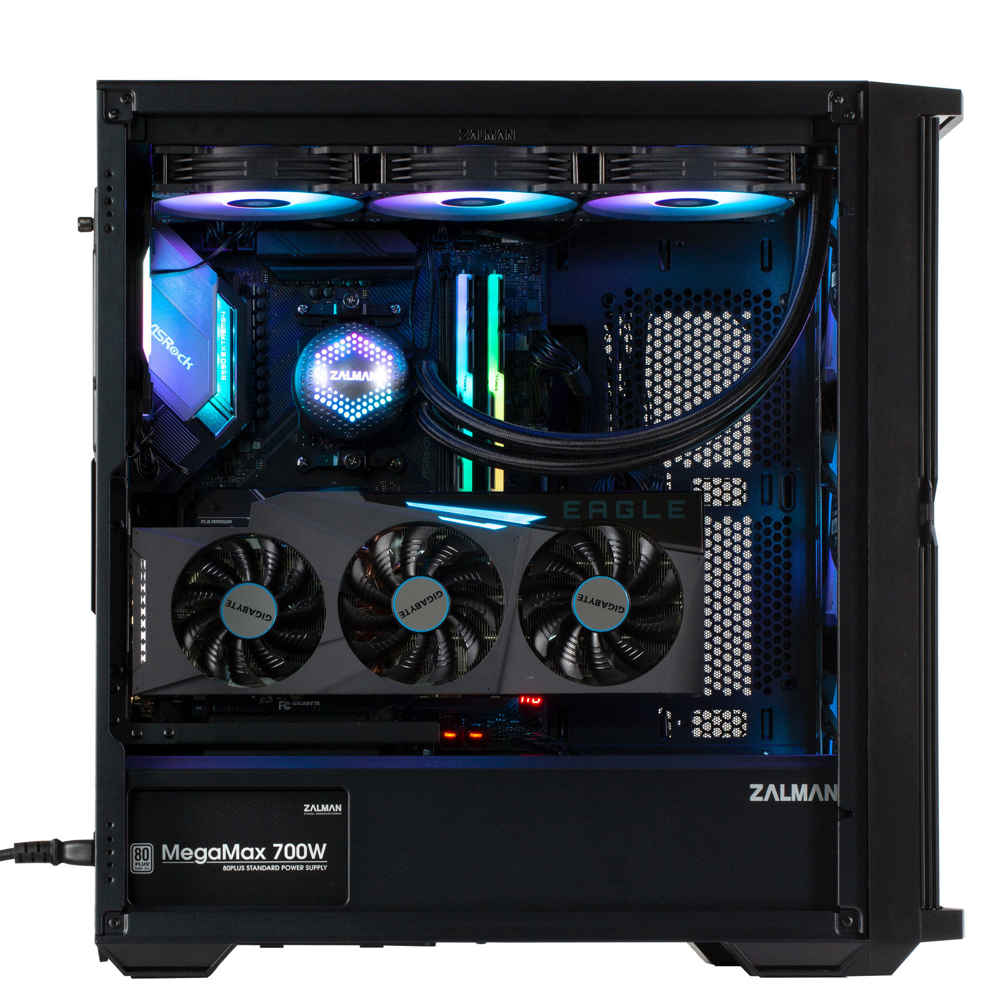Case PC nero con pannello laterale in vetro che rivela i componenti. Ventole RGB e alimentatore visibili.