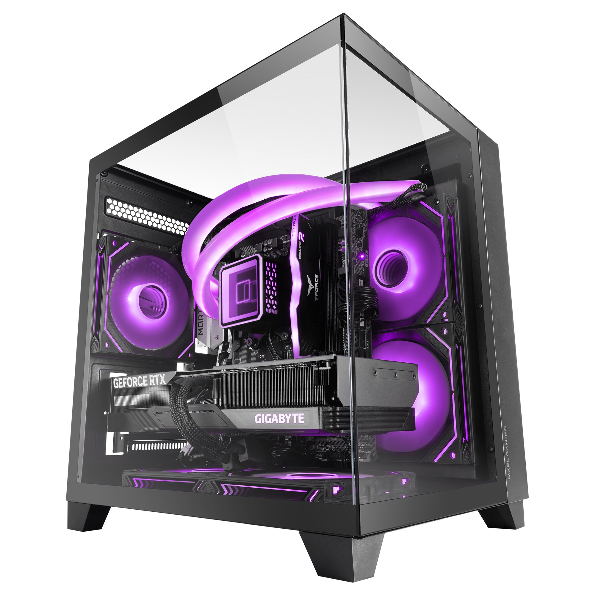 Case PC nero con luci interne viola, pannelli in vetro e componenti visibili.