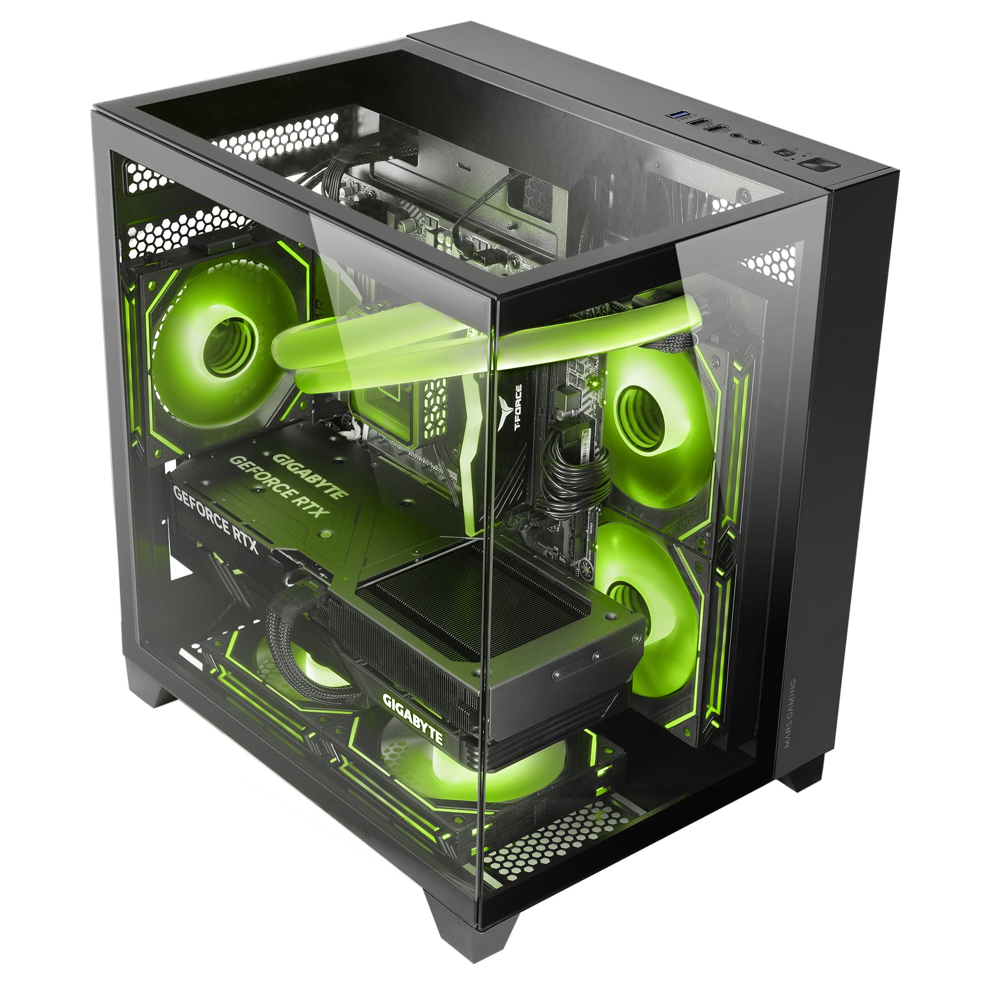 Case PC nero con luci interne verdi, pannelli in vetro e componenti visibili.