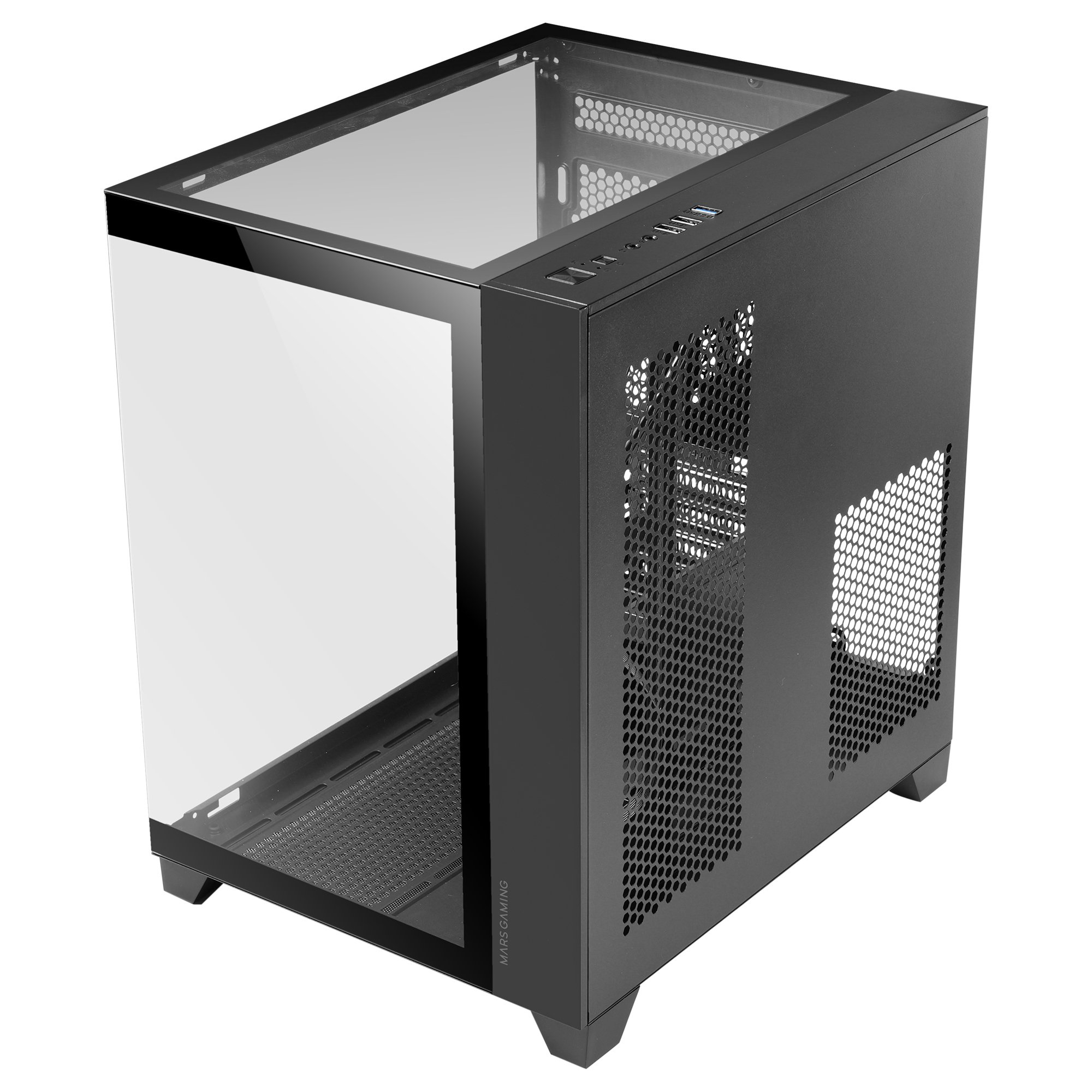 Un case per computer nero con un pannello laterale in vetro. Un case per computer.