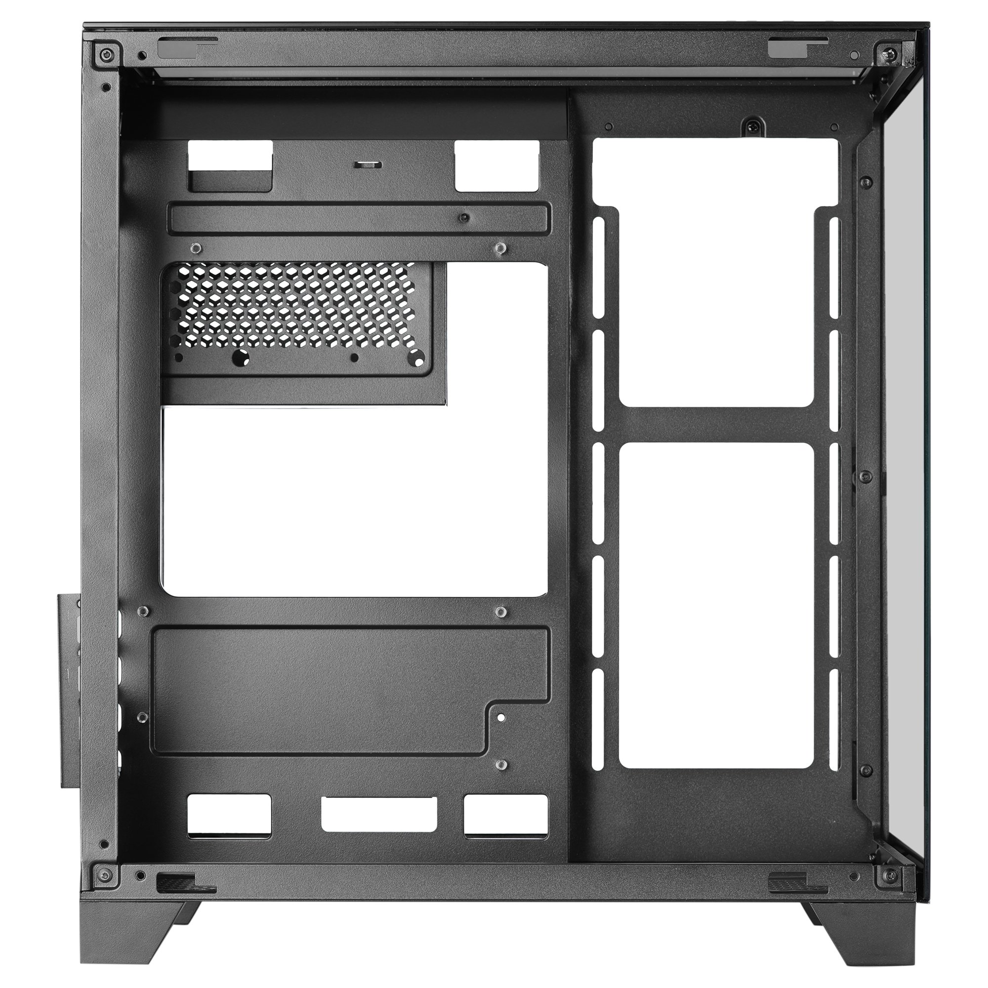 Interno del case del computer nero, che mostra il telaio e le aree dei componenti.