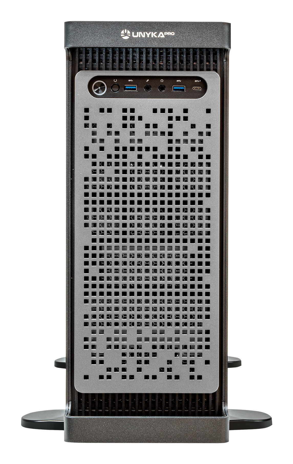 Case per computer nero con pannello frontale perforato, con il logo UNYKA PRO in alto.