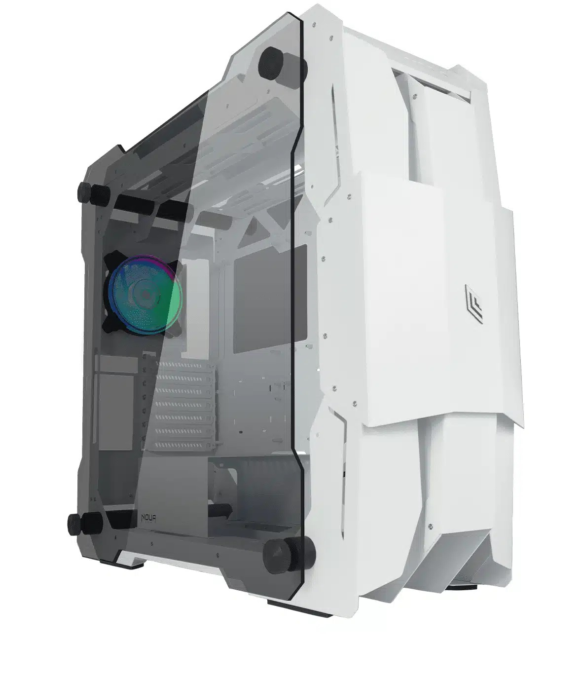 Case per computer bianco con pannello laterale in vetro, ventola, sfondo bianco.