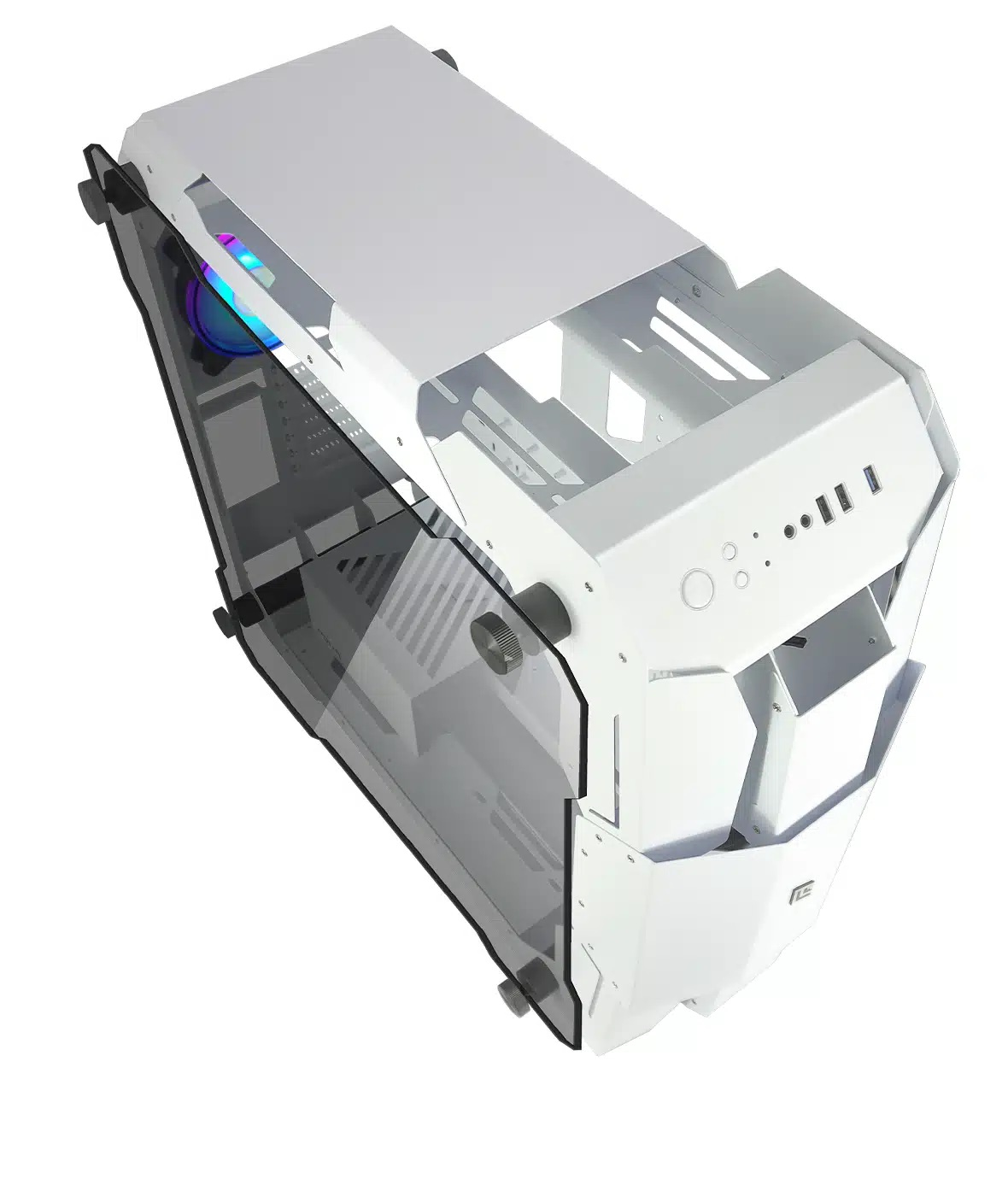 Case per computer bianco con pannello laterale trasparente. Contiene una ventola con illuminazione RGB. Vista dall'alto angolata.