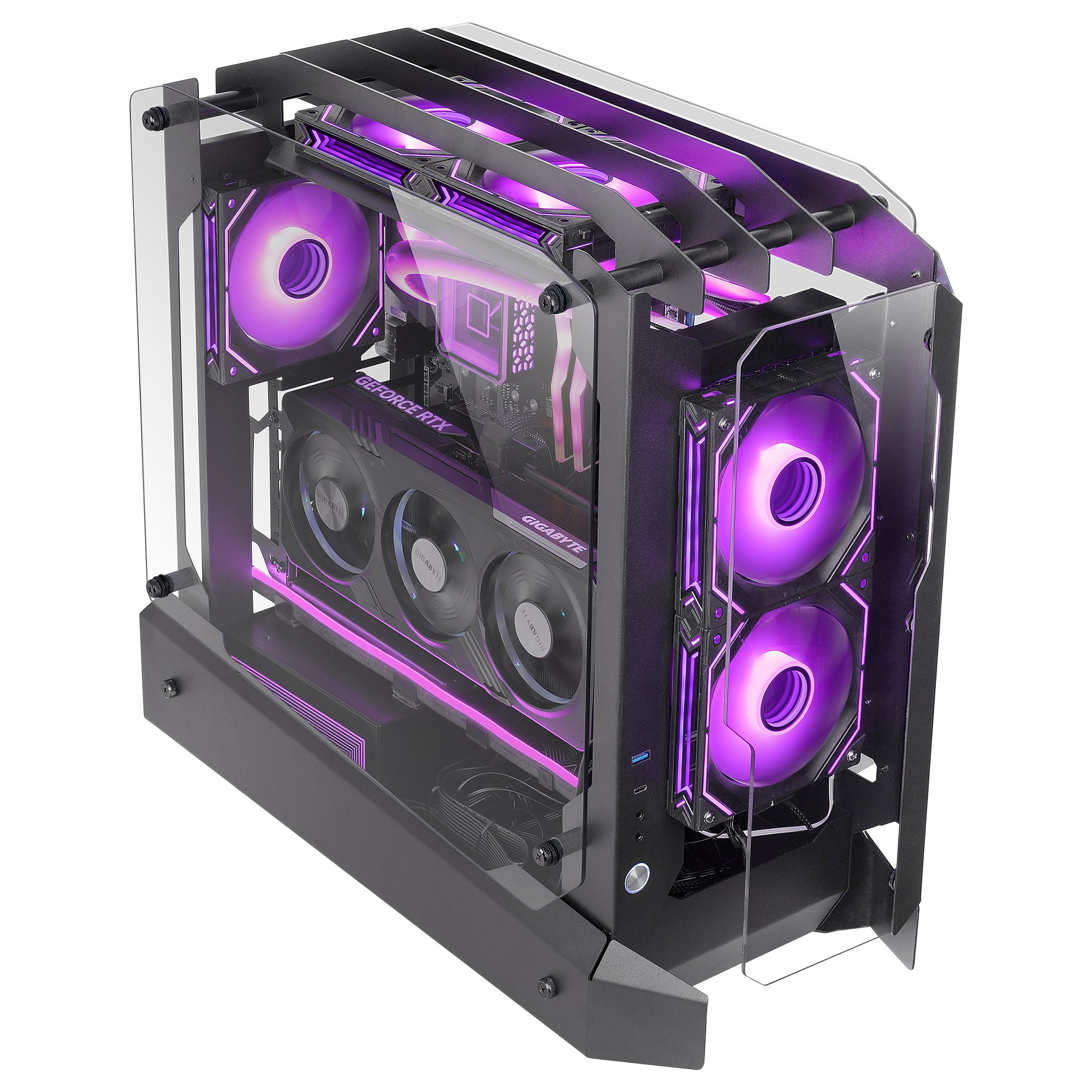 Case per PC, pannelli in vetro, luci rosa e viola. Componenti visibili. Dettagli neri e metallici.