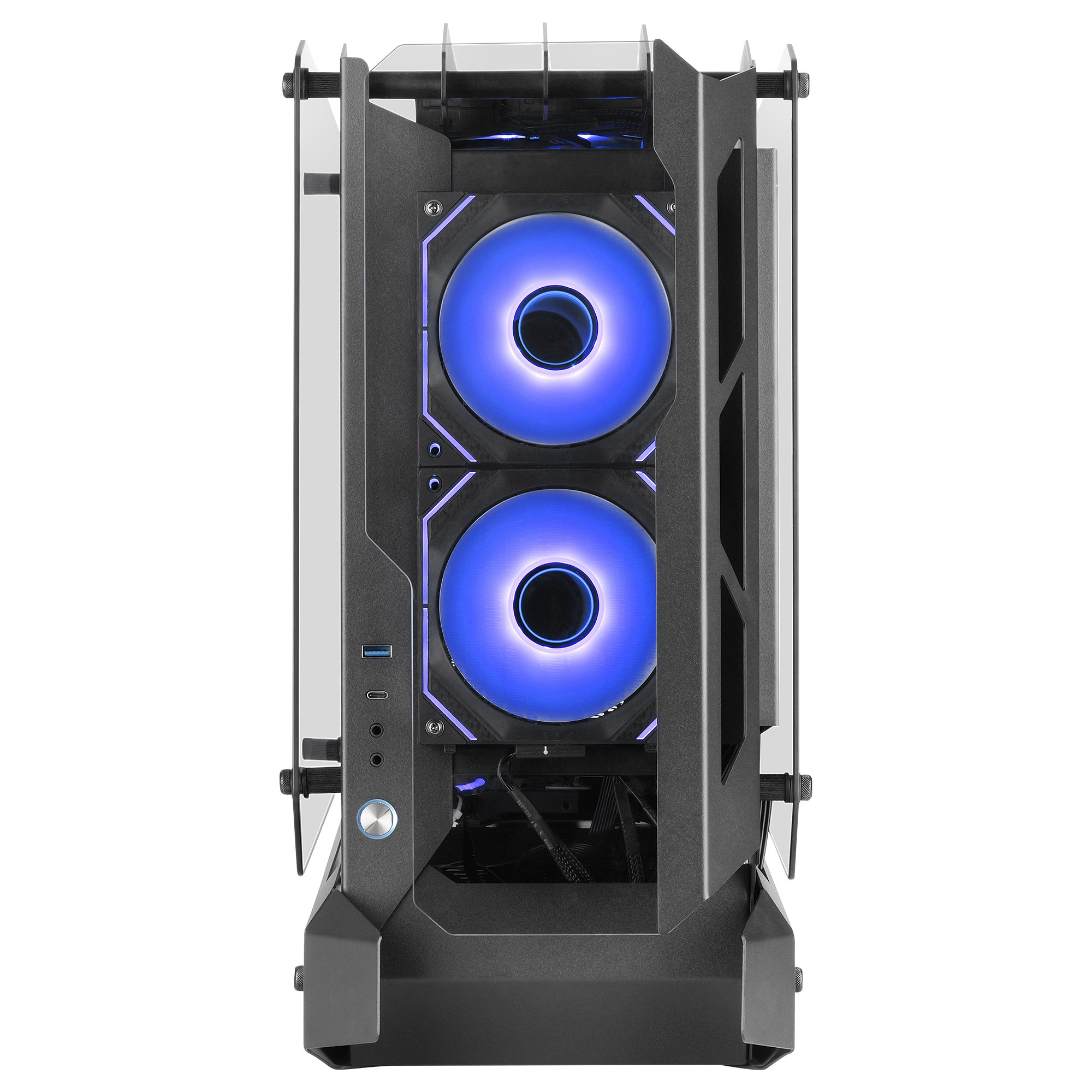 Case per PC, vista frontale. Ventole LED blu, telaio in metallo. Design moderno.