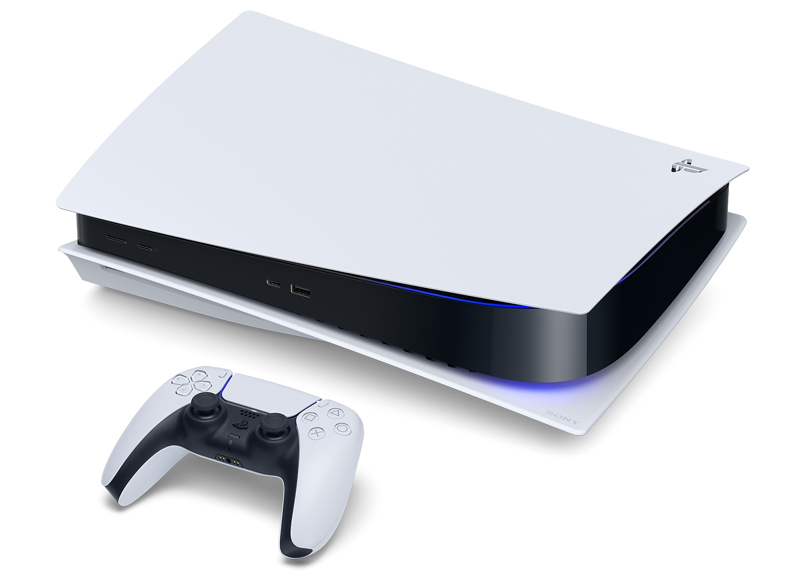 Eine weiße Playstation 5 Konsole und Controller auf weißem Hintergrund.