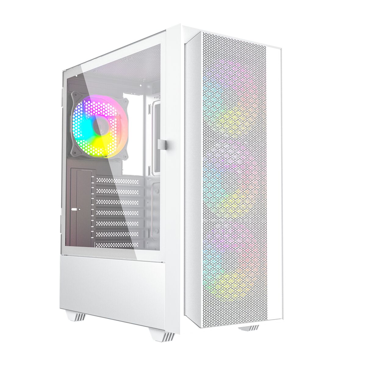 Weißes Computergehäuse mit Glas-Seitenwand und farbenfrohem Lüfter.