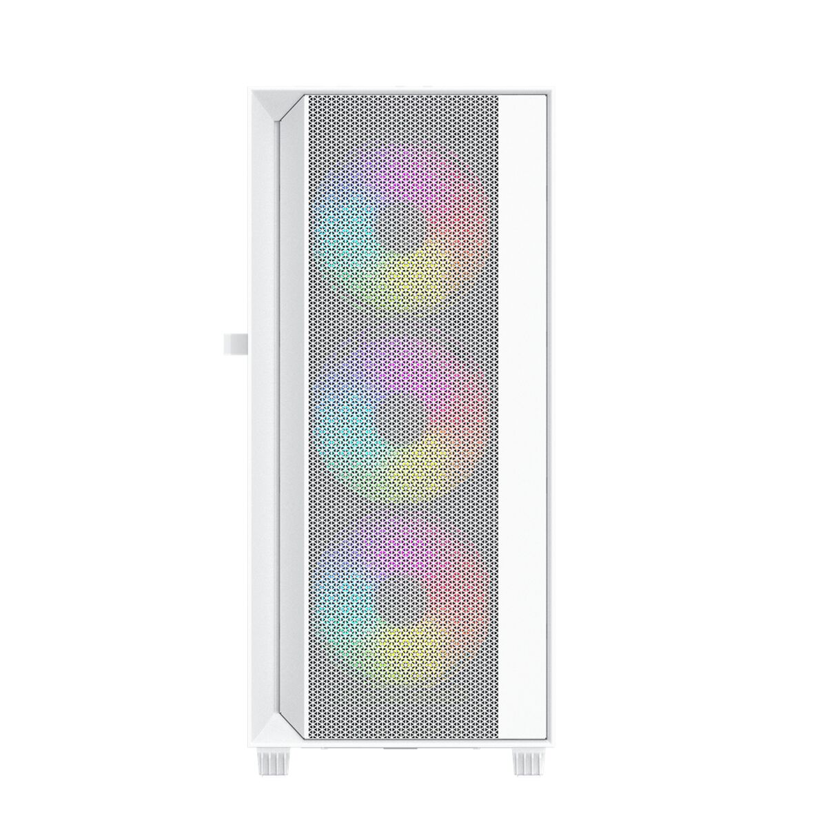 Weiße Computer-Frontplatte mit Mesh und farbigen LED-Lichtern. Weißer Hintergrund.