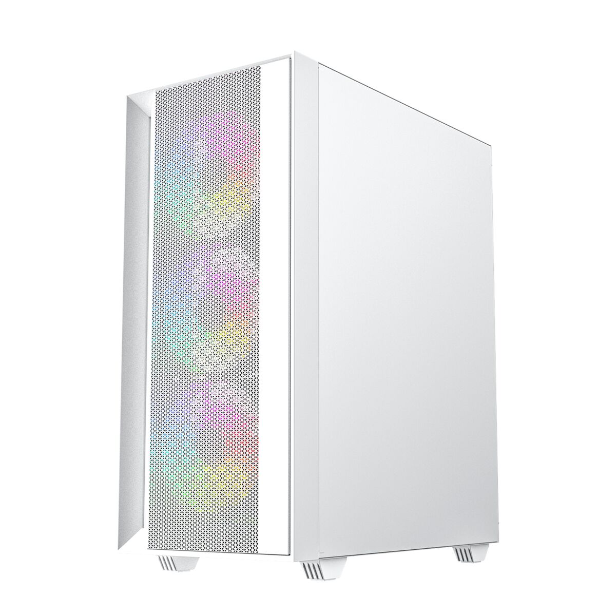 Ein weißes PC-Gehäuse mit perforierter Seite auf weißem Hintergrund.