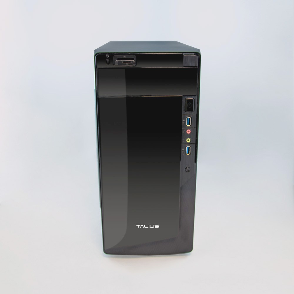 Case tower per computer nero con frontale lucido, isolato su sfondo bianco.