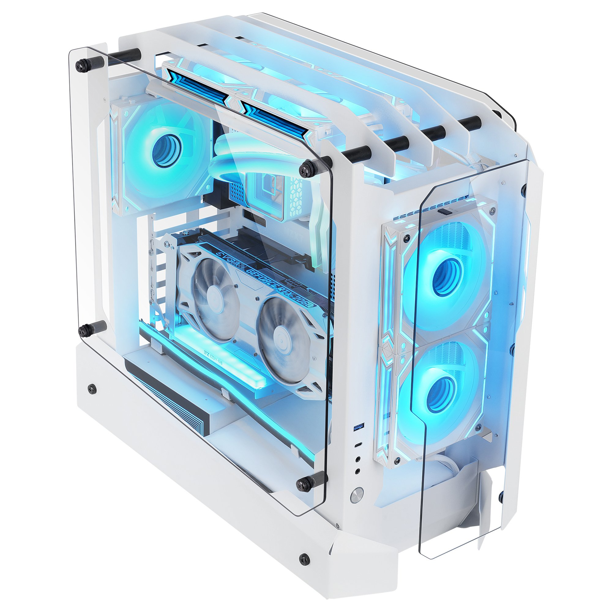 Case per computer bianco con pannelli in vetro, luci blu e componenti. Sfondo bianco.