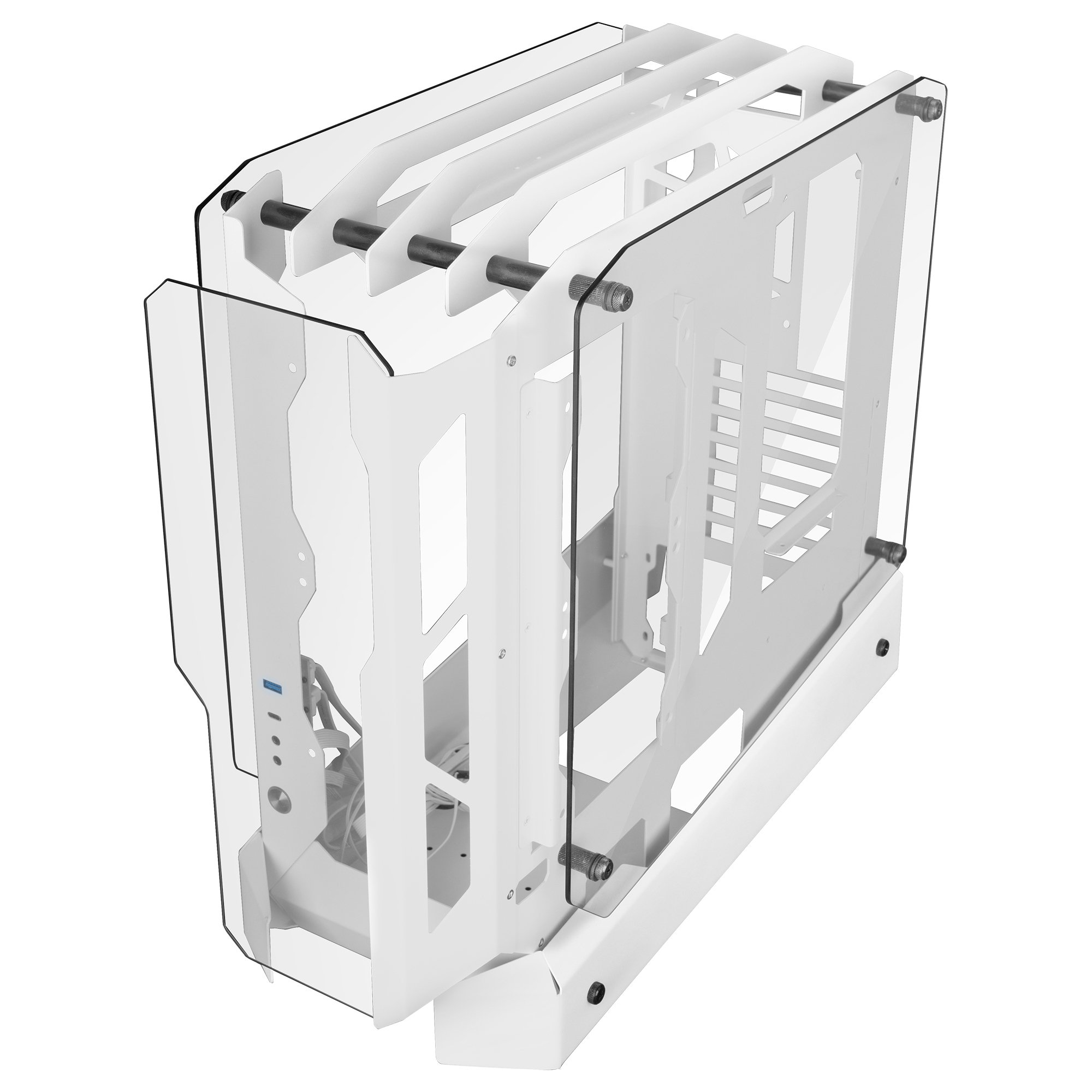 Telaio per case PC bianco con pannelli in vetro, che mostra la struttura e il design interni.