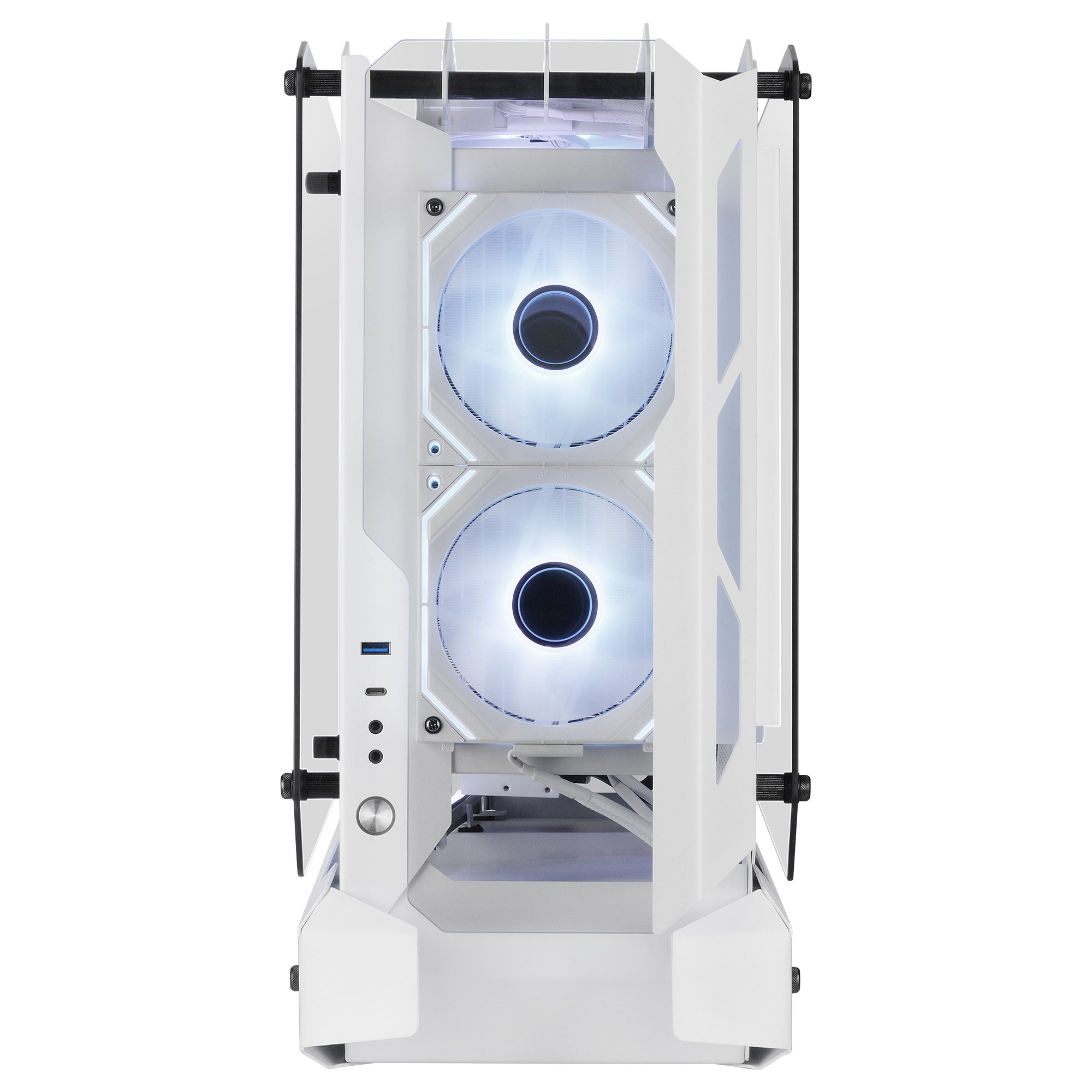 Case PC bianco con pannelli laterali trasparenti e due ventole illuminate. Porte visibili. Isolato.