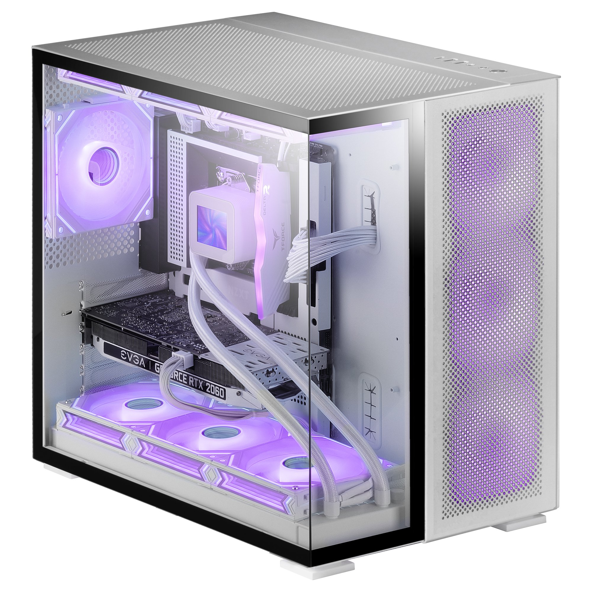 Case PC bianco con pannello laterale in vetro che mostra componenti, luci viola e raffreddamento a liquido.