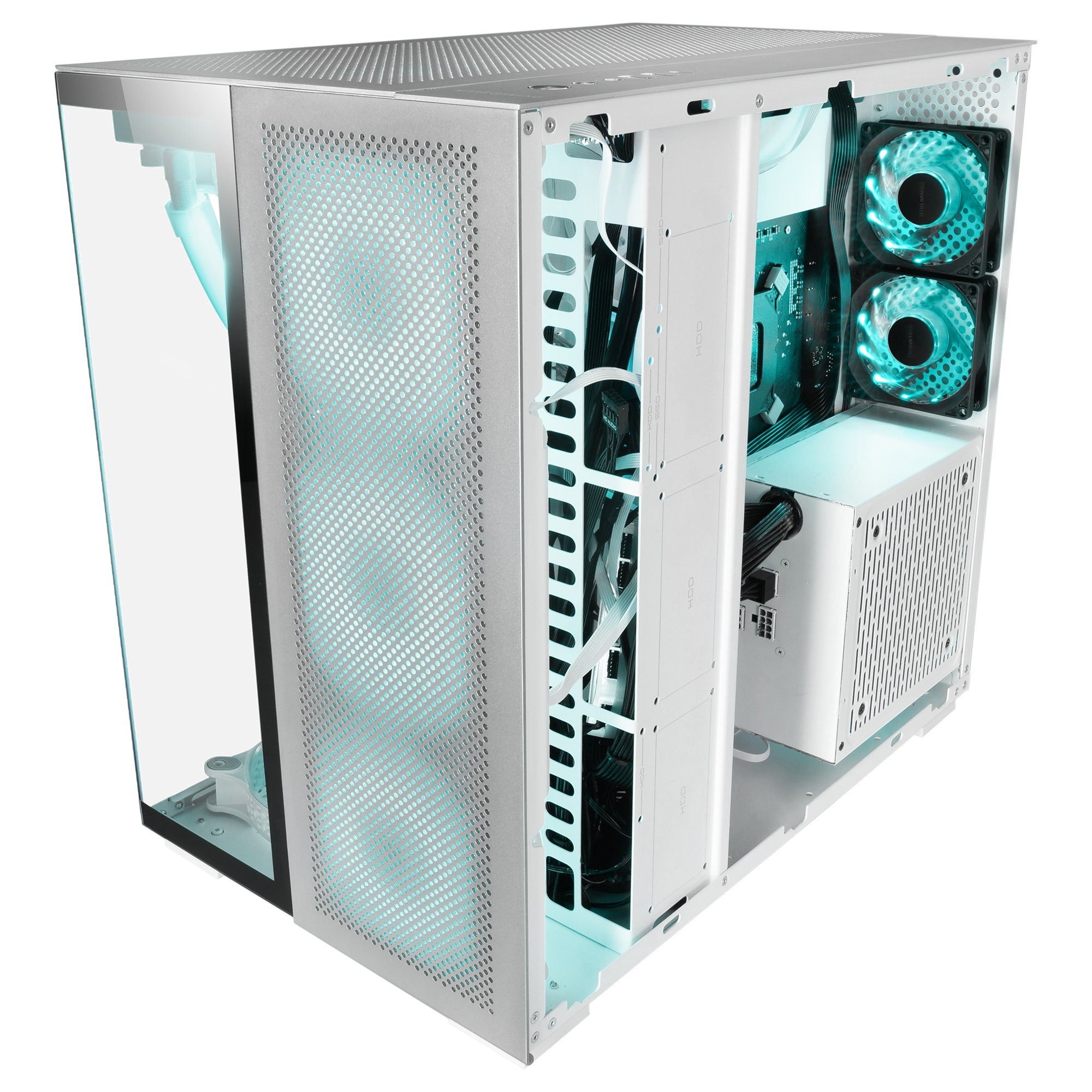 Case PC bianco con pannello laterale in vetro che mostra i componenti interni e l'illuminazione blu.