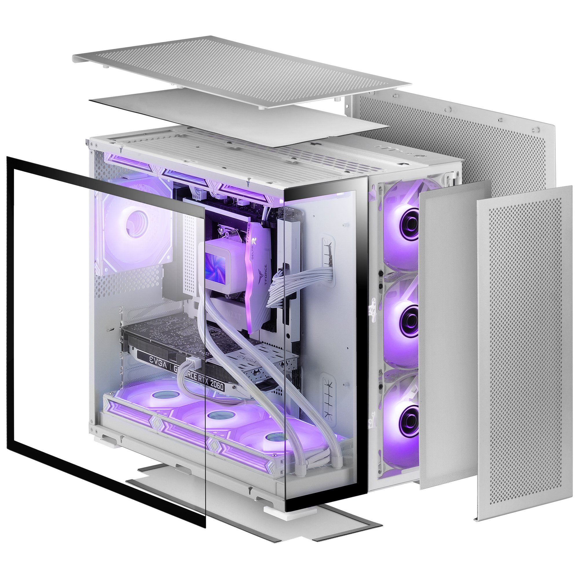 Vista esplosa di un case PC bianco con pannello in vetro, che mostra componenti interni e struttura.