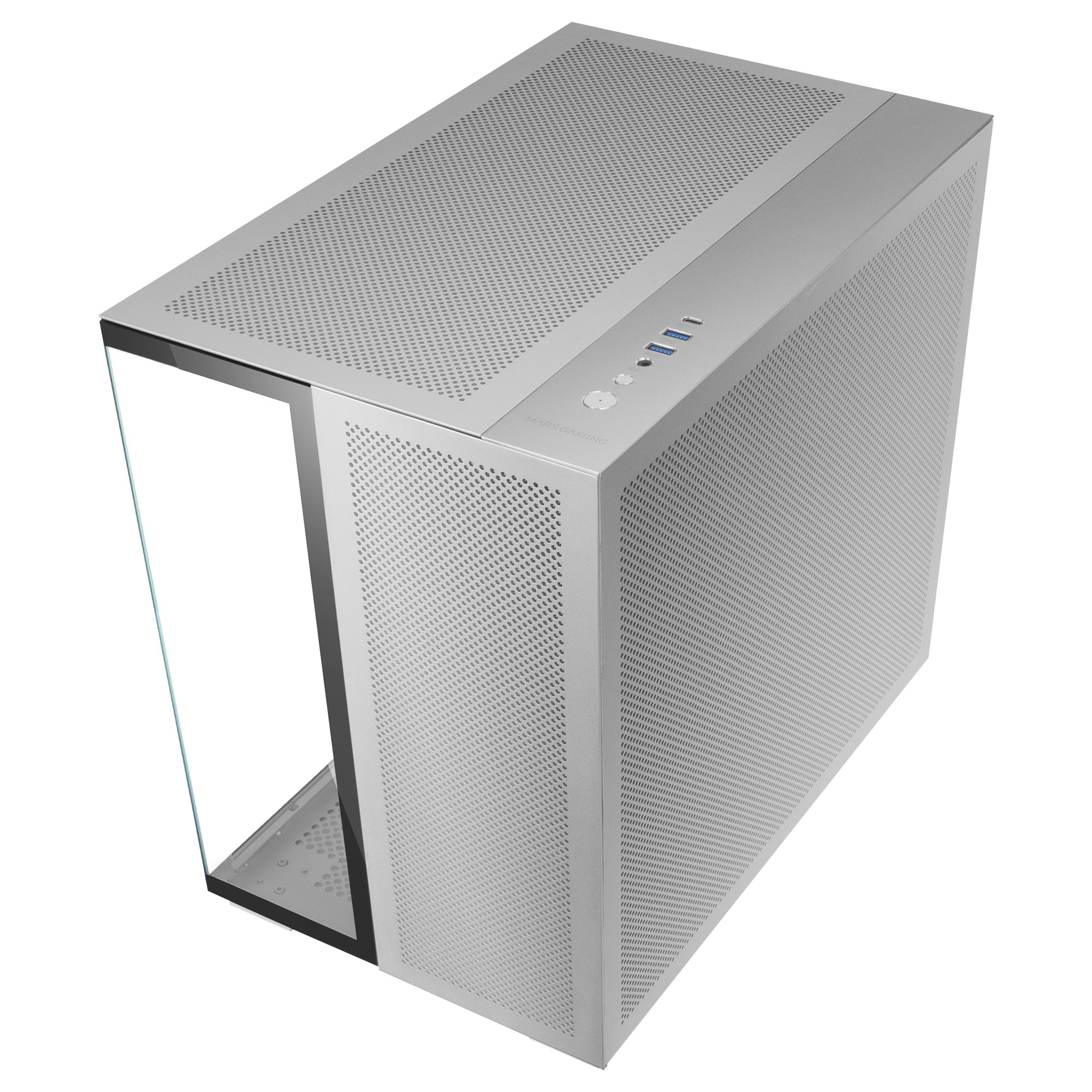 Case PC argentato dall'alto, che mostra il pannello superiore con porte e prese d'aria.