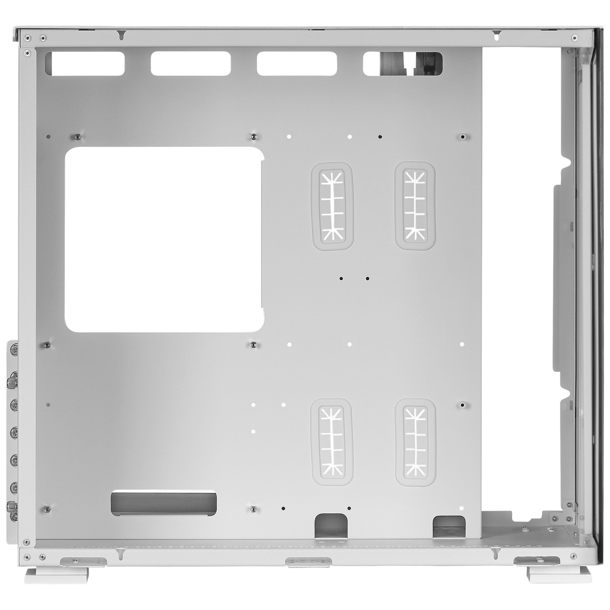 Telaio per case PC bianco vuoto, che mostra la struttura interna e i punti di montaggio.