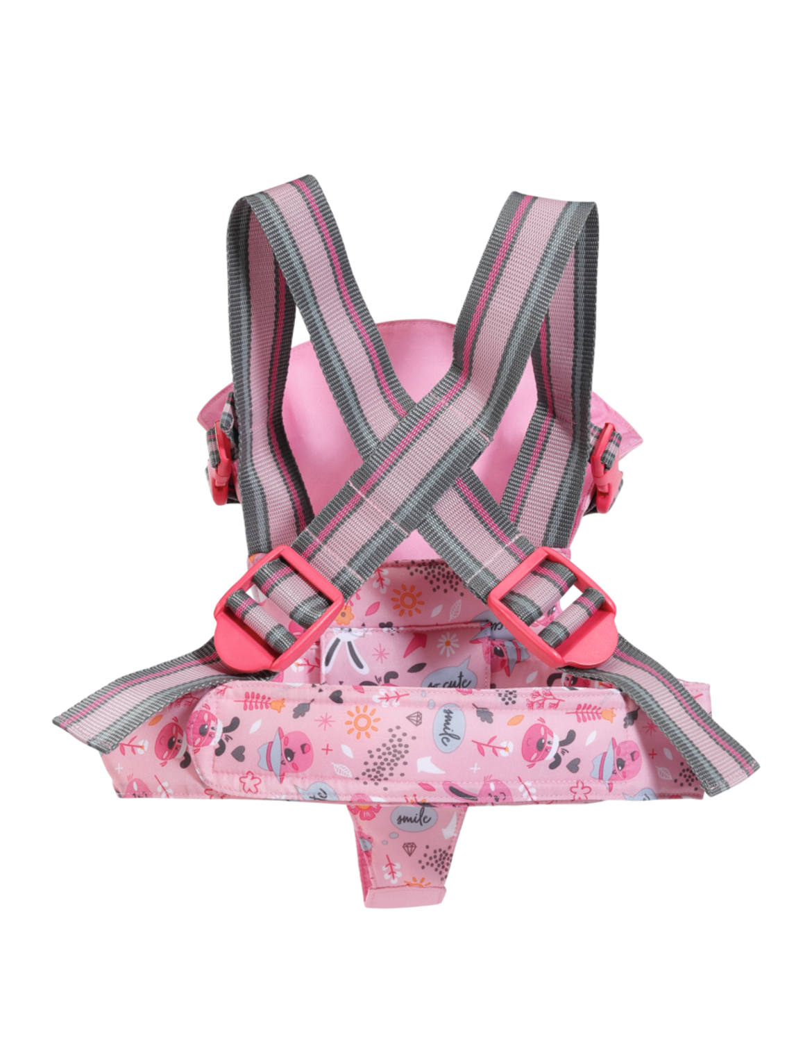 Różowy nosidełko dla dziecka, szczegółowy widok pasków i sprzączek. Nosidełko ma wzór z kreskówek z kwiatami.