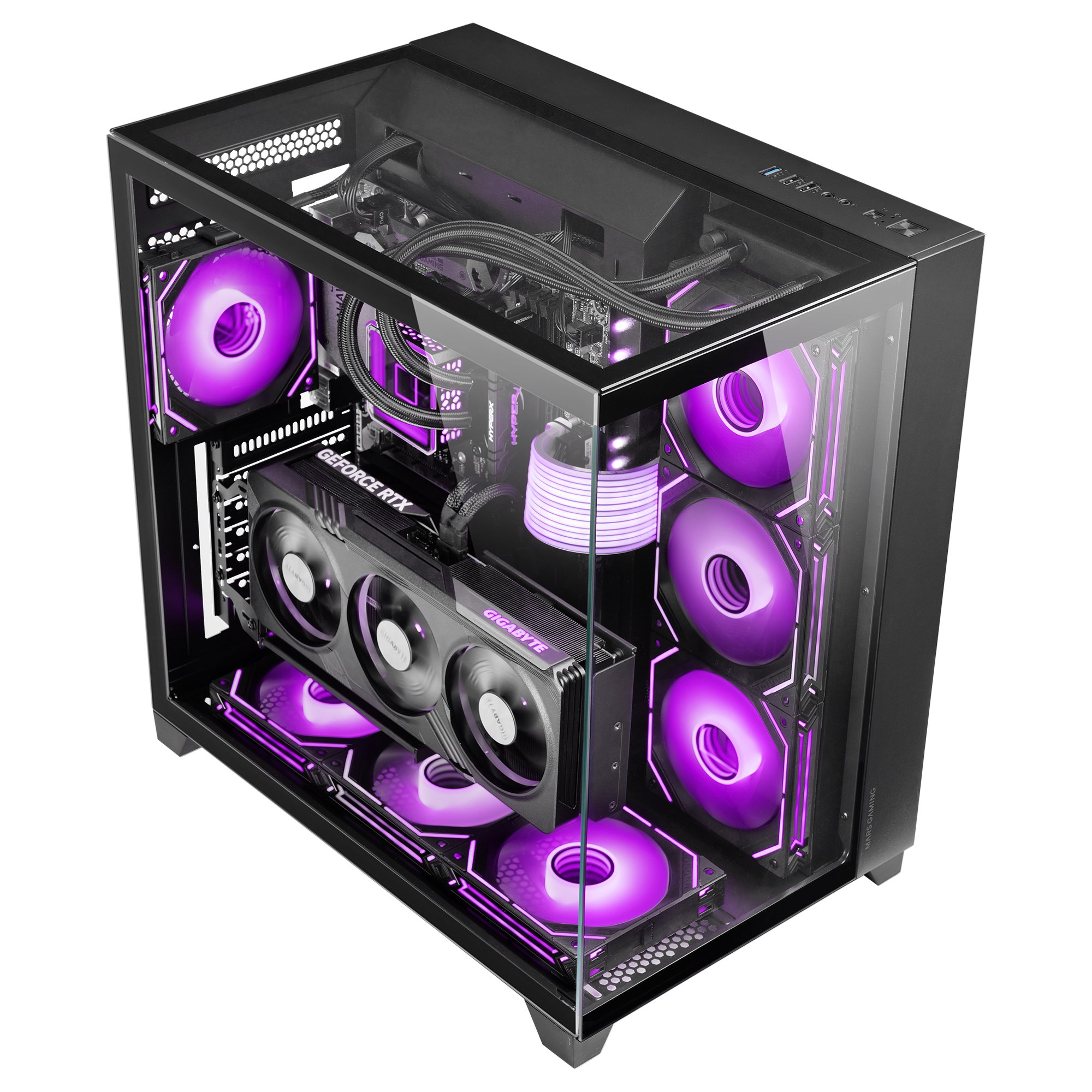 Una caja de computadora negra con componentes internos visibles.