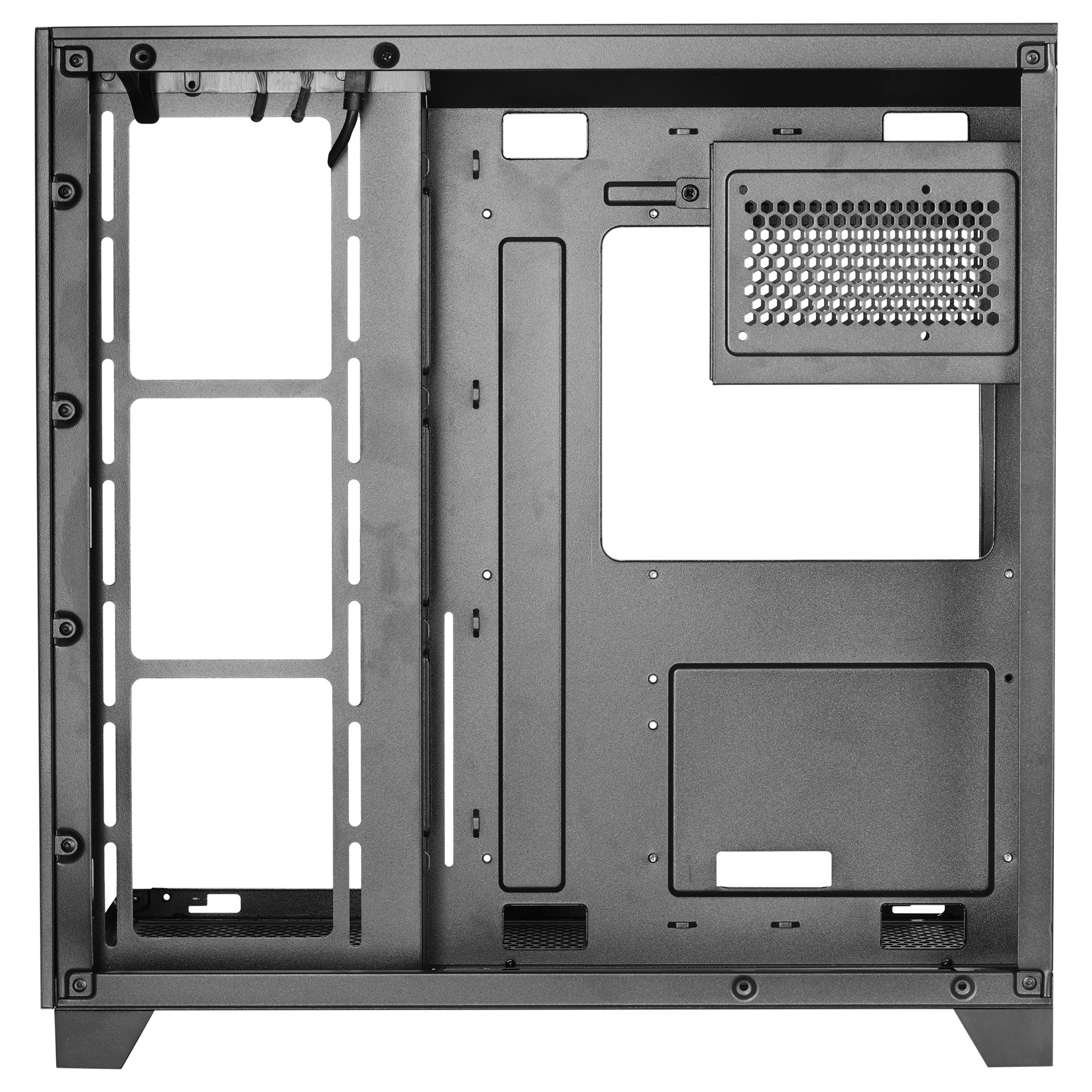 Vista interior de una caja de ordenador. Gris oscuro, con varias aberturas para componentes.