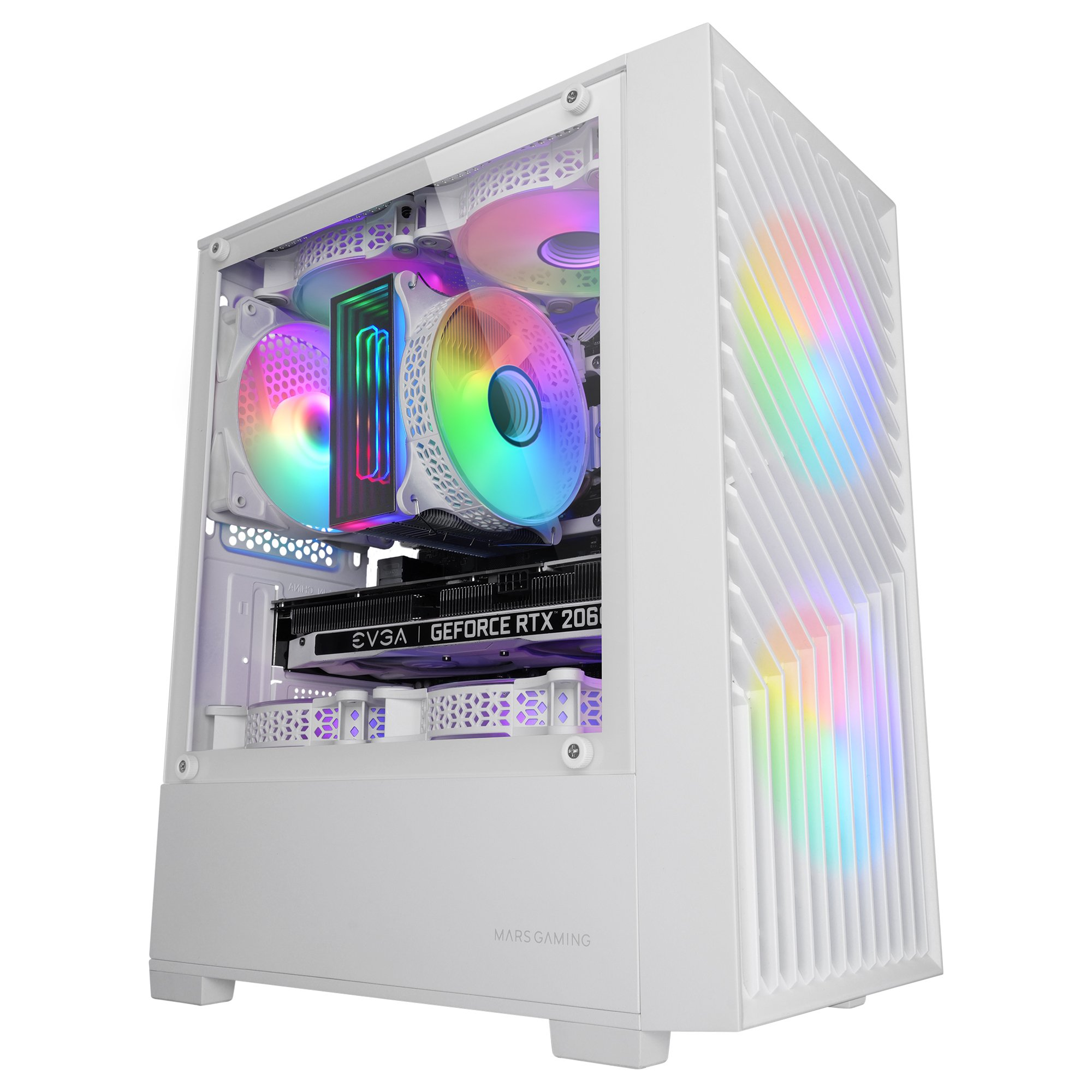 Case per computer bianco con componenti e ventole RGB. Luci colorate. Sfondo bianco.