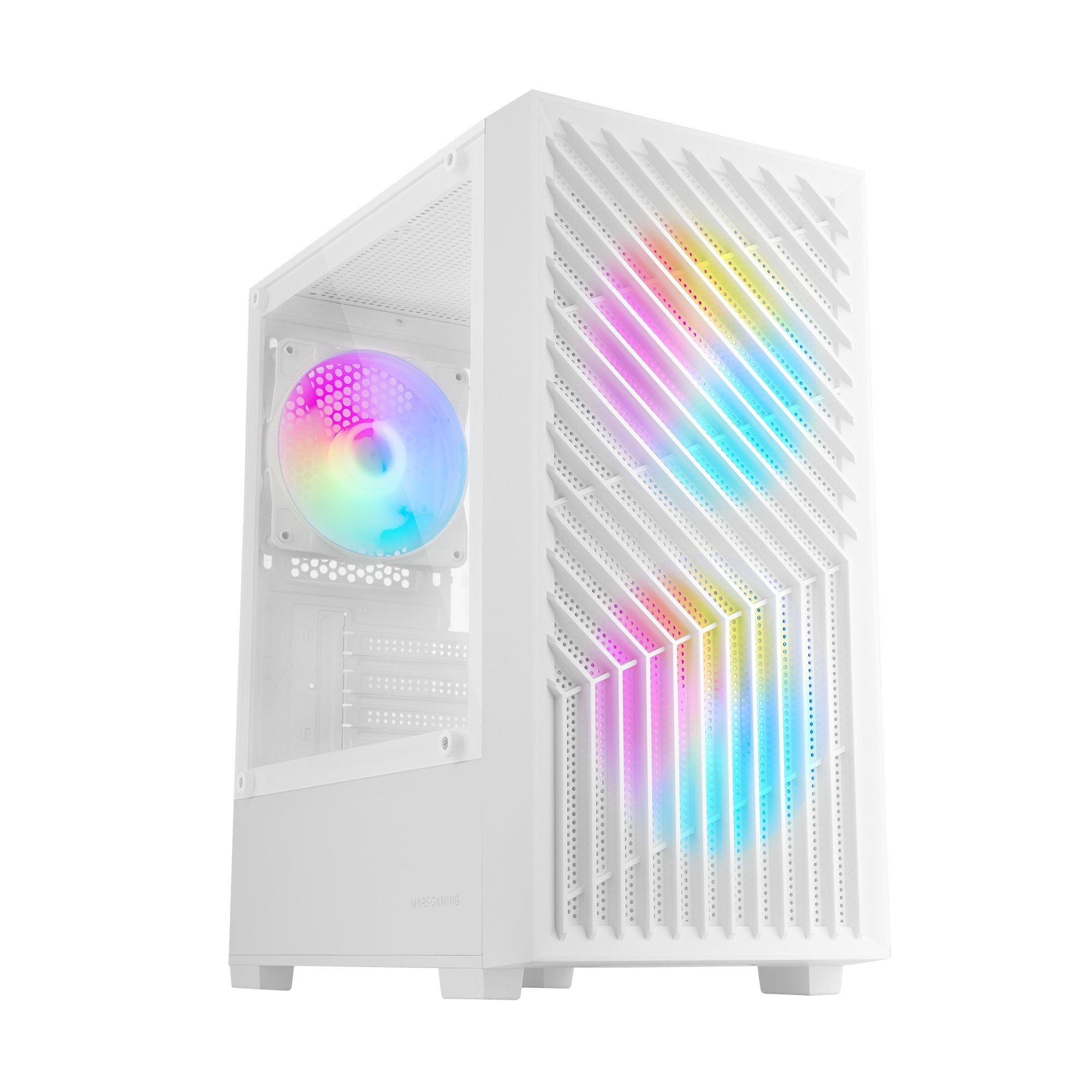 Case per computer bianco con pannello laterale trasparente e ventola interna che mostra colori.
