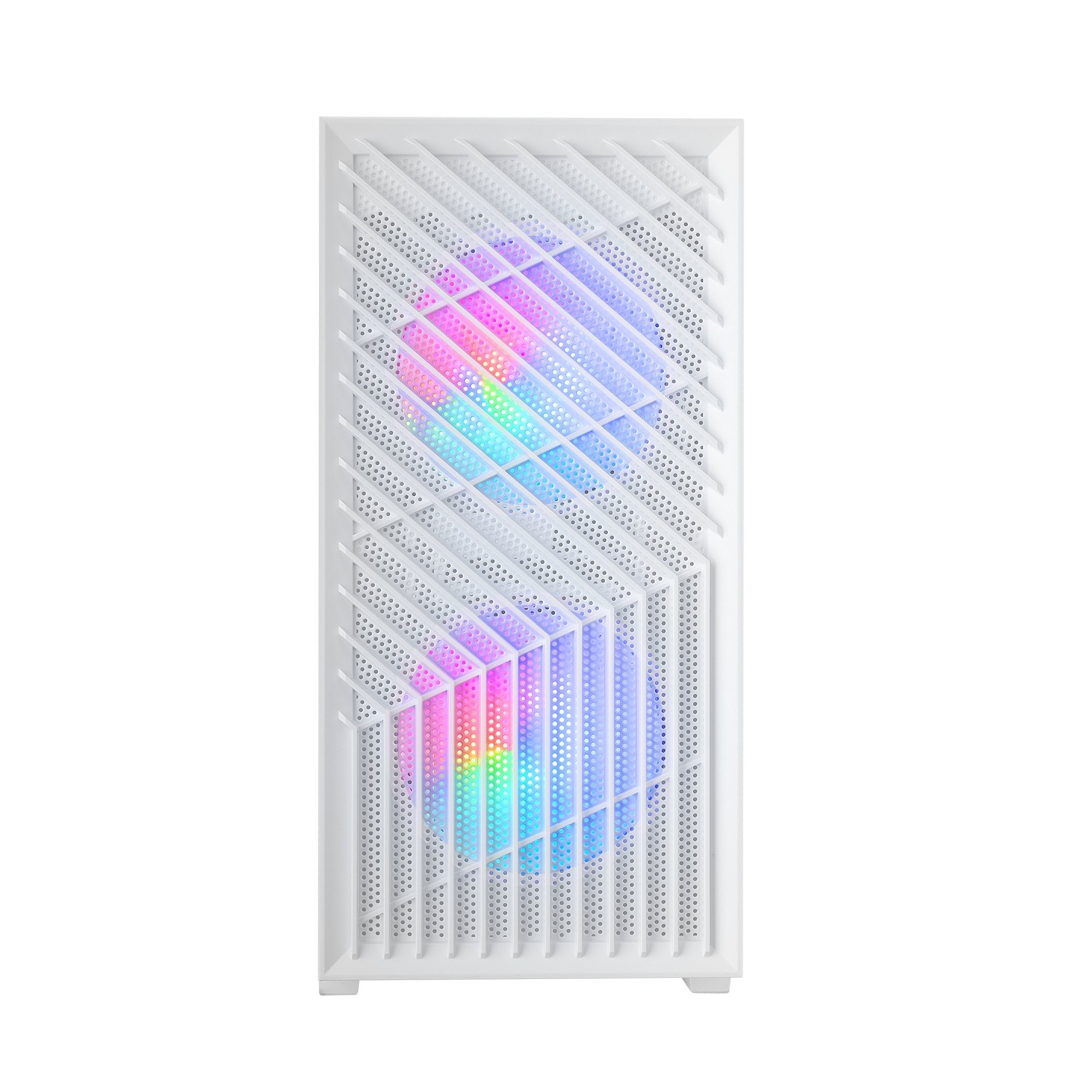 Pannello frontale bianco del case del computer con luci RGB e design a rete. Sfondo bianco.