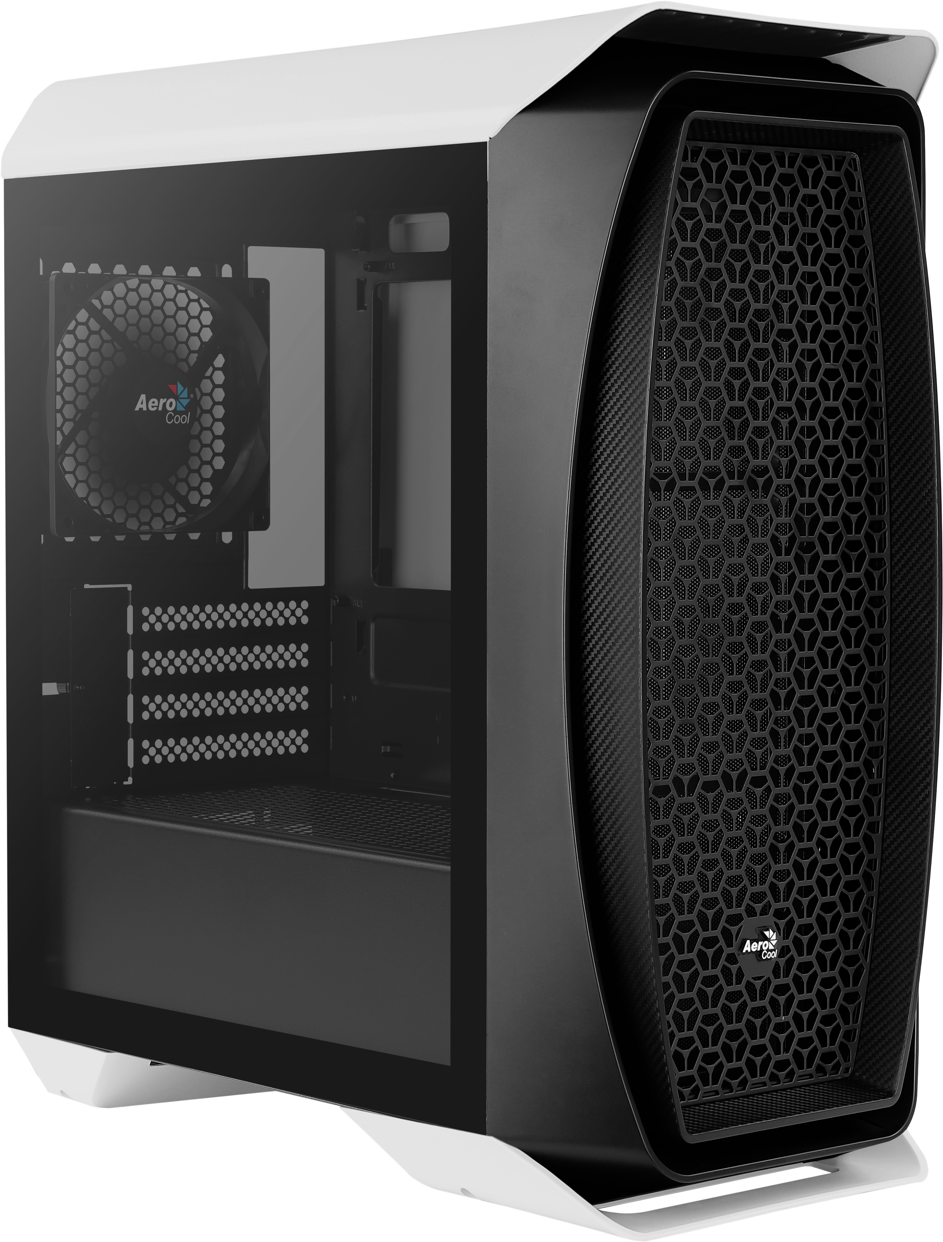Case per computer bianco e nero da un'angolazione laterale. Il case ha un pannello di vetro e un pannello frontale a rete.