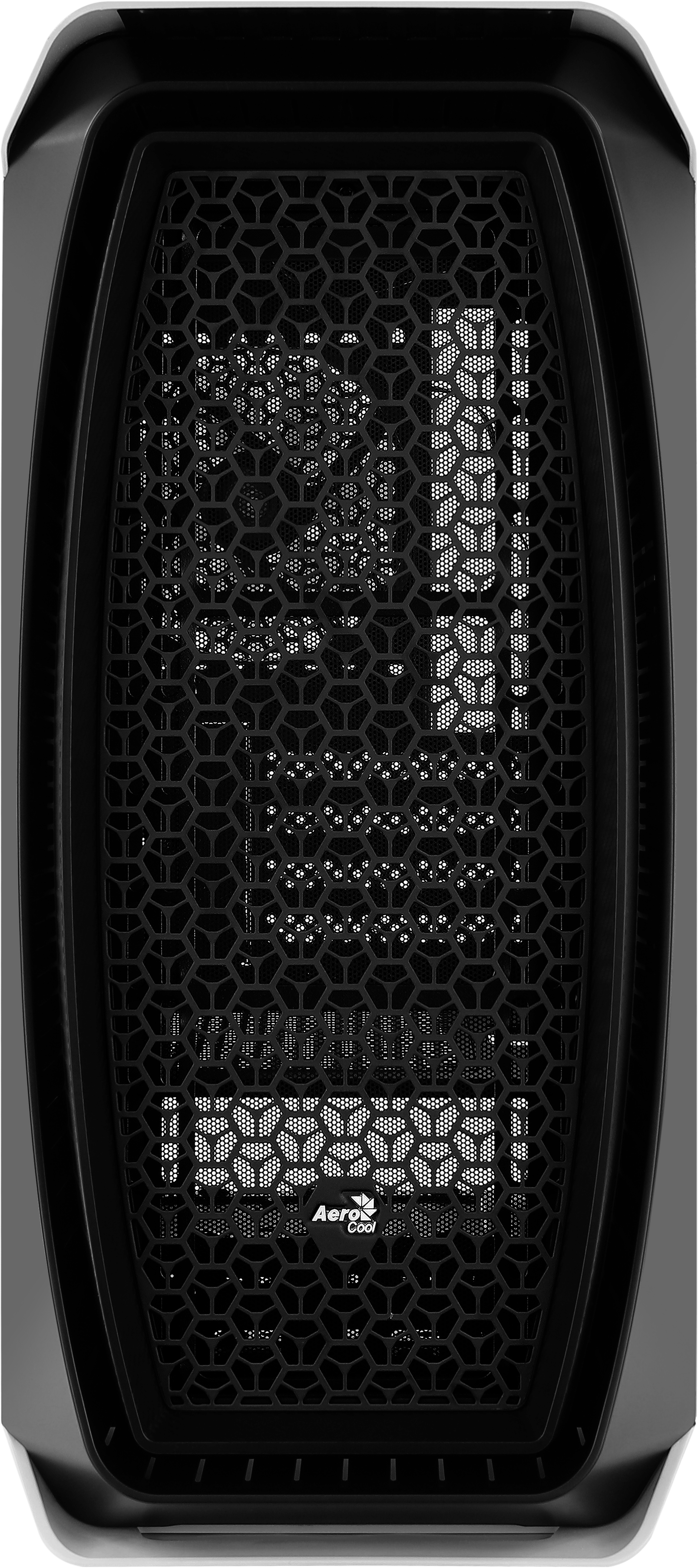 Vista frontale di un case per computer nero. Il case ha un design a rete. Il pannello frontale ha un motivo esagonale.