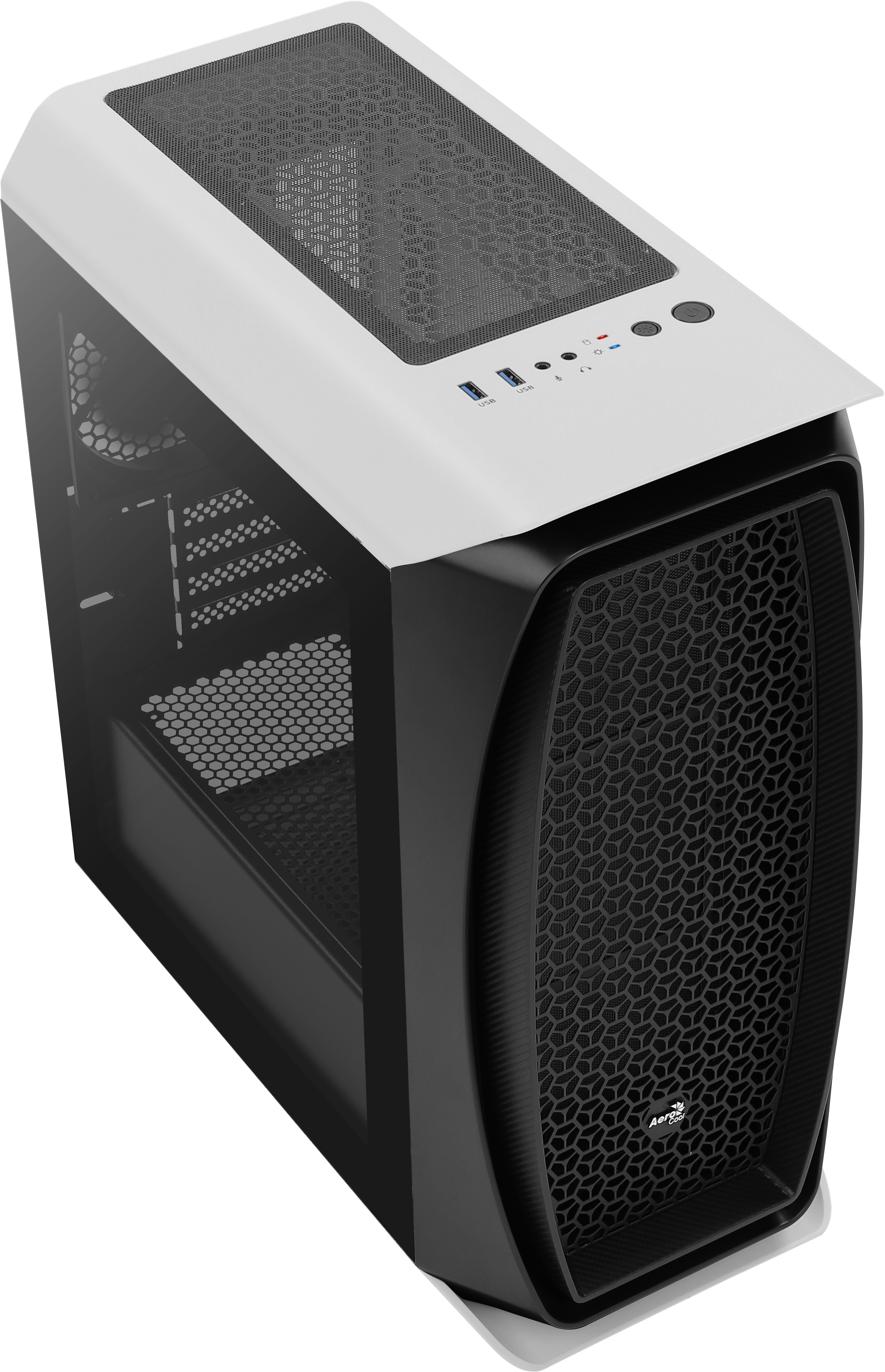 Case PC bianco e nero angolato. Frontale a rete, porte in alto, pannello laterale trasparente.
