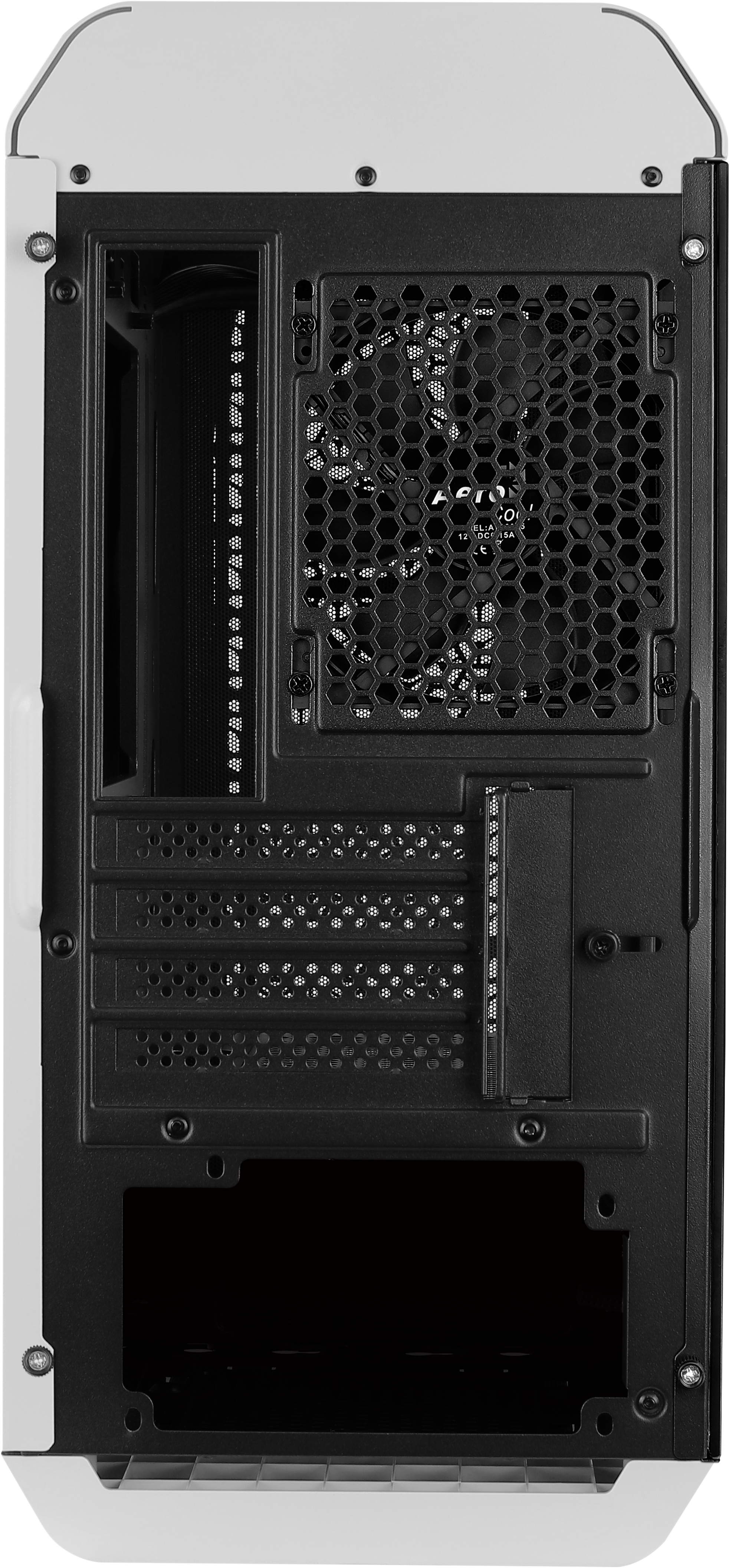 Vista posteriore di un case per computer bianco e nero. La parte posteriore ha una ventola e varie porte.