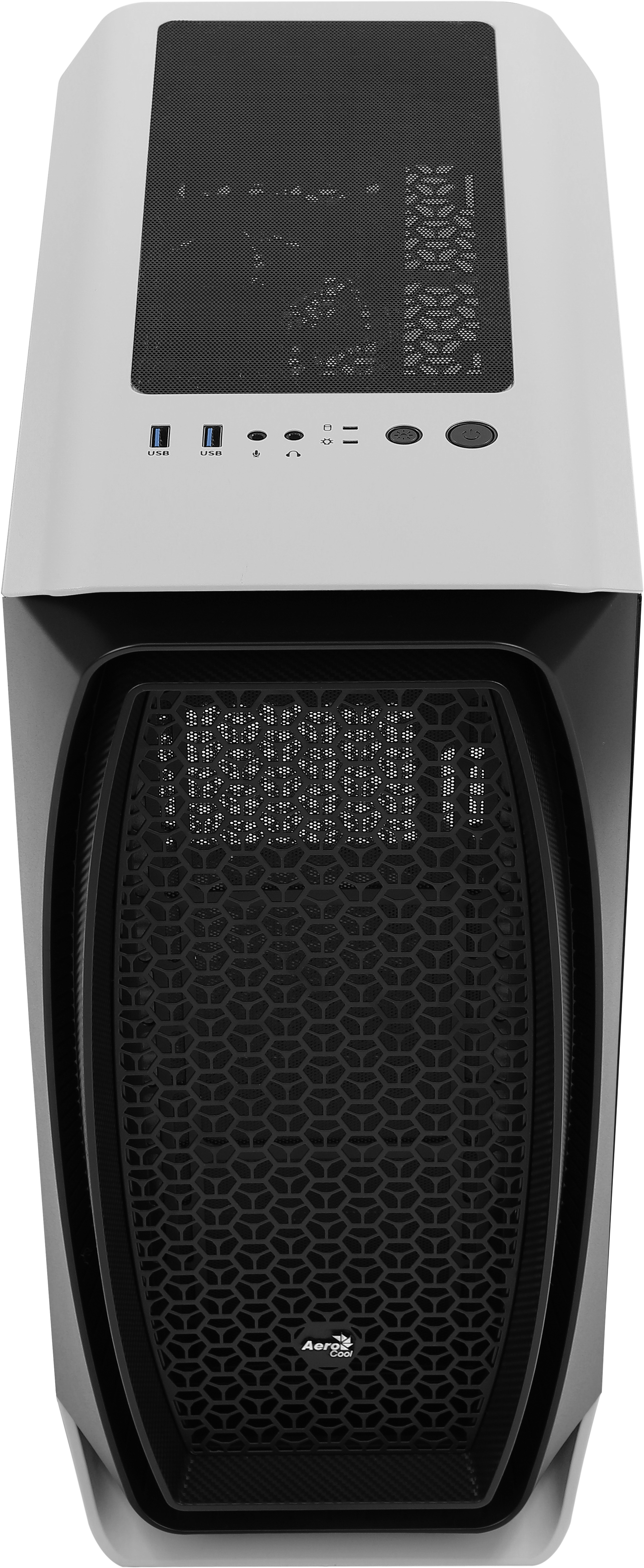 Case PC bianco e nero. Vista frontale con design a rete e porte in alto.