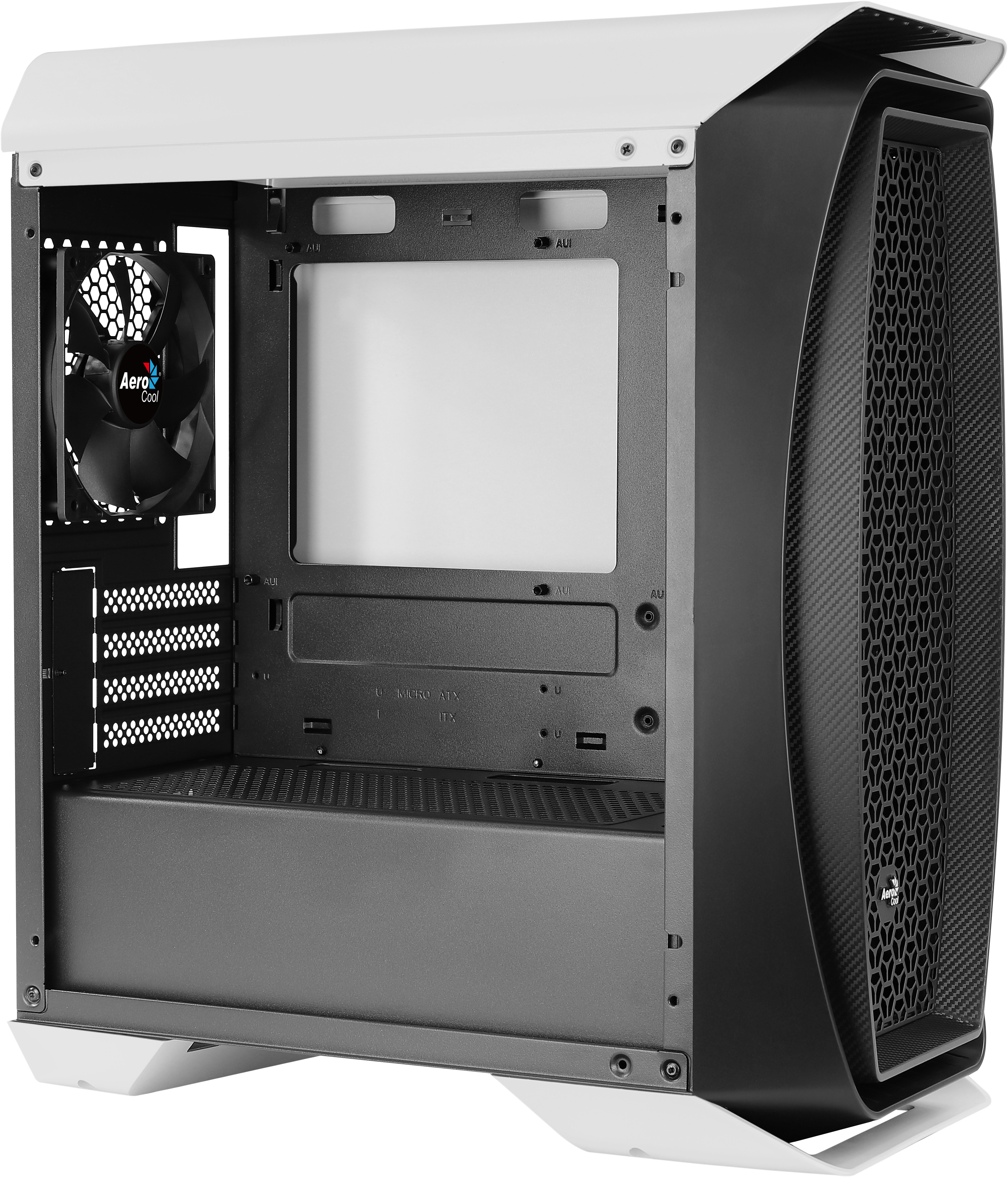 Interno del case PC bianco e nero. Mostra una ventola, la struttura interna e un pannello.