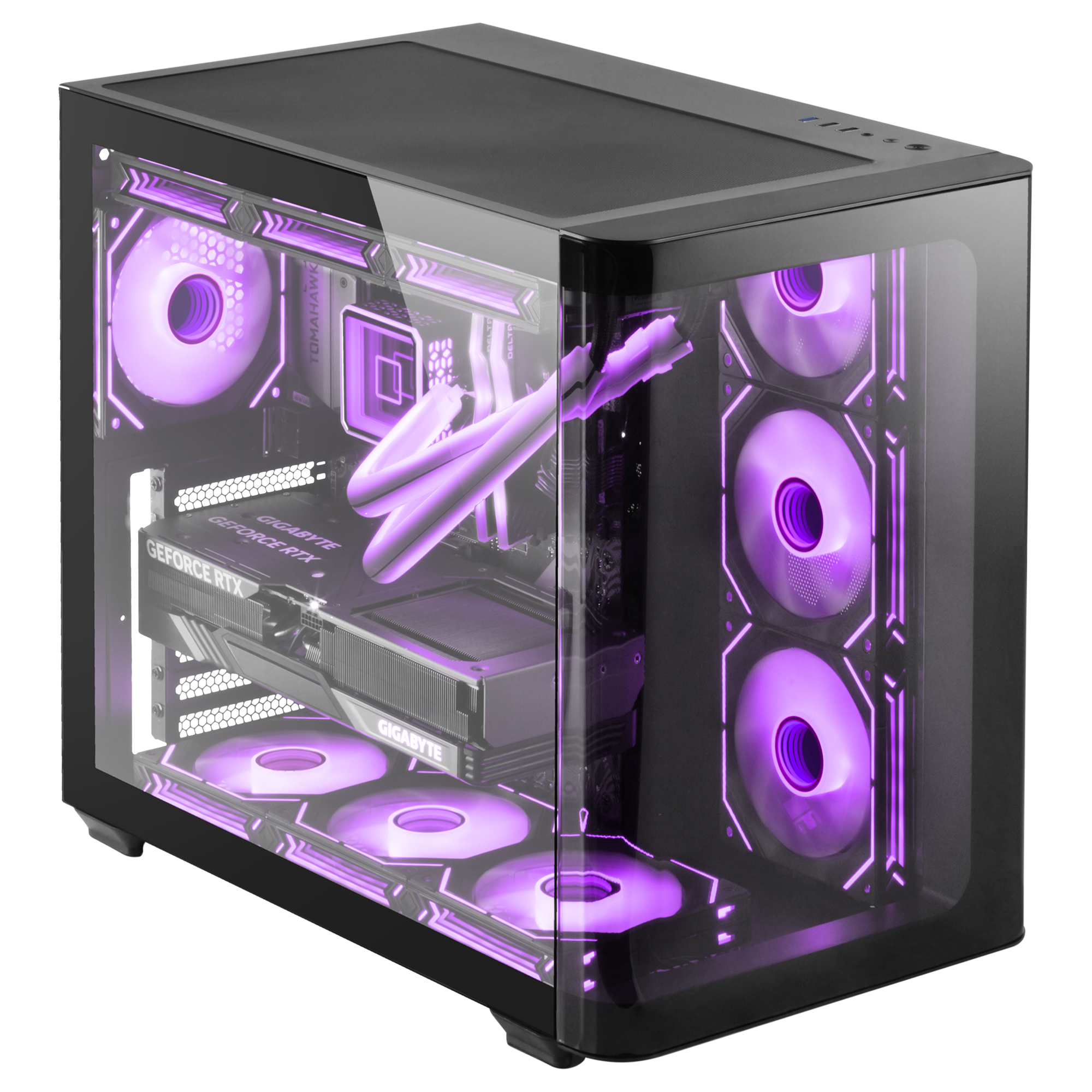 Case per PC nero con pannello laterale in vetro. Interni con illuminazione viola, componenti visibili.