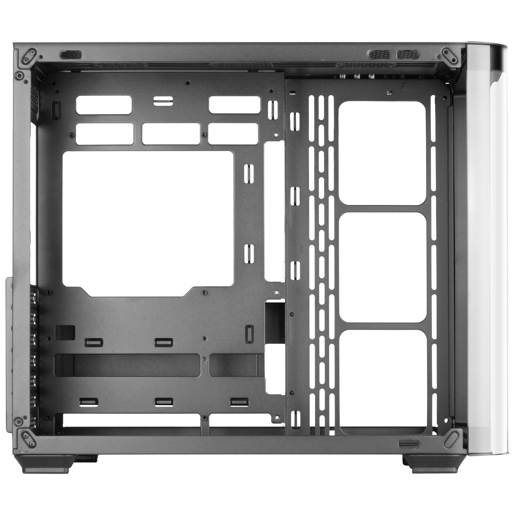Interno di un case per computer con design aperto, che mostra la struttura interna.