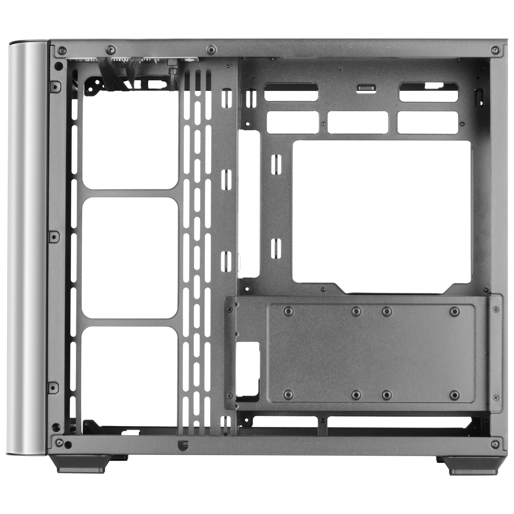 Interno del case per PC argentato, vuoto. Struttura in metallo nero. Nessun componente installato.