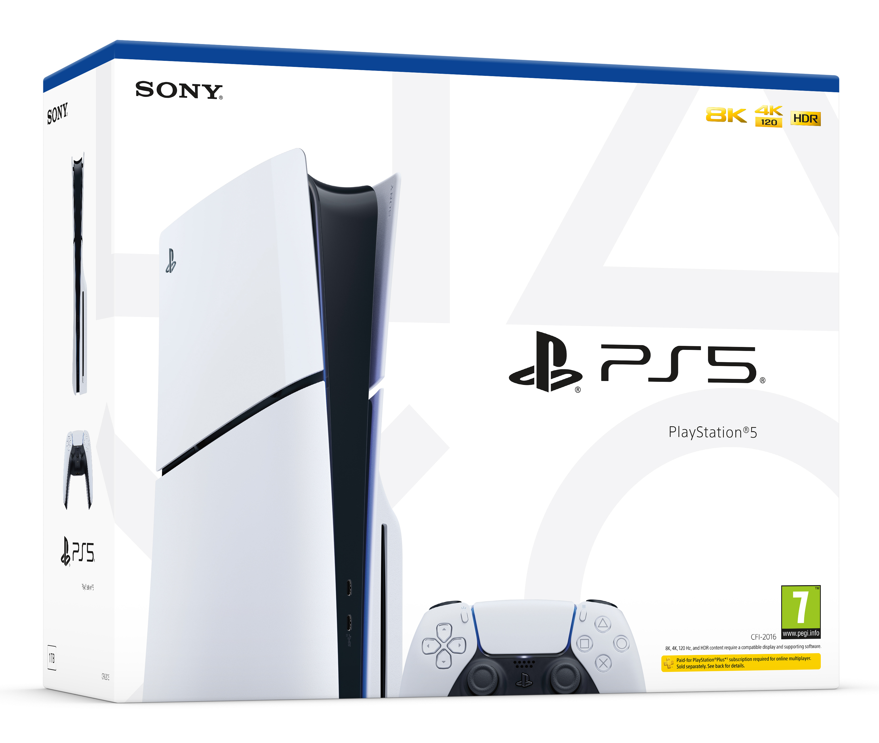 Konsola PlayStation 5 w pudełku, z kontrolerem i obrazem konsoli.