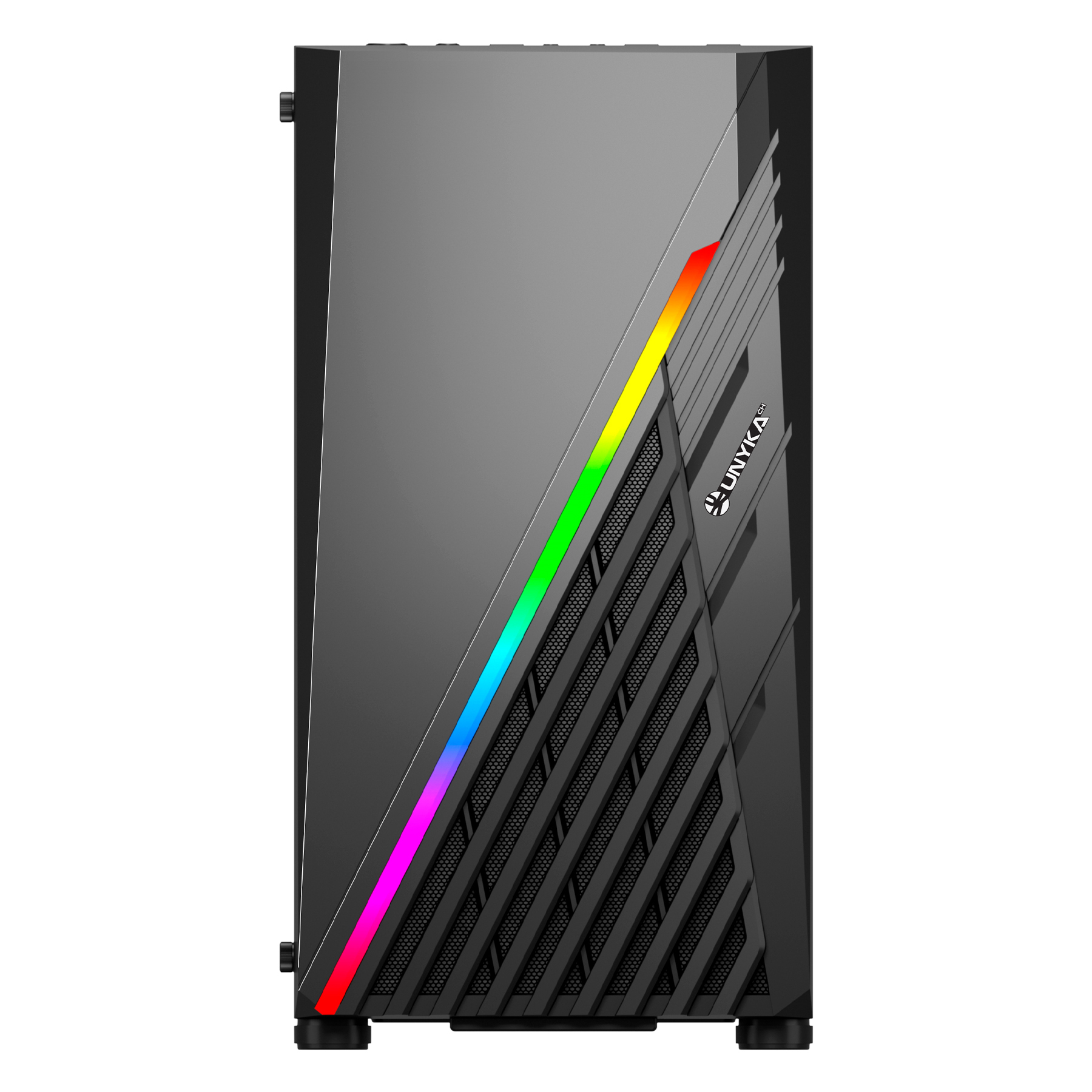 Case per computer nero con una striscia LED arcobaleno su sfondo grigio scuro.