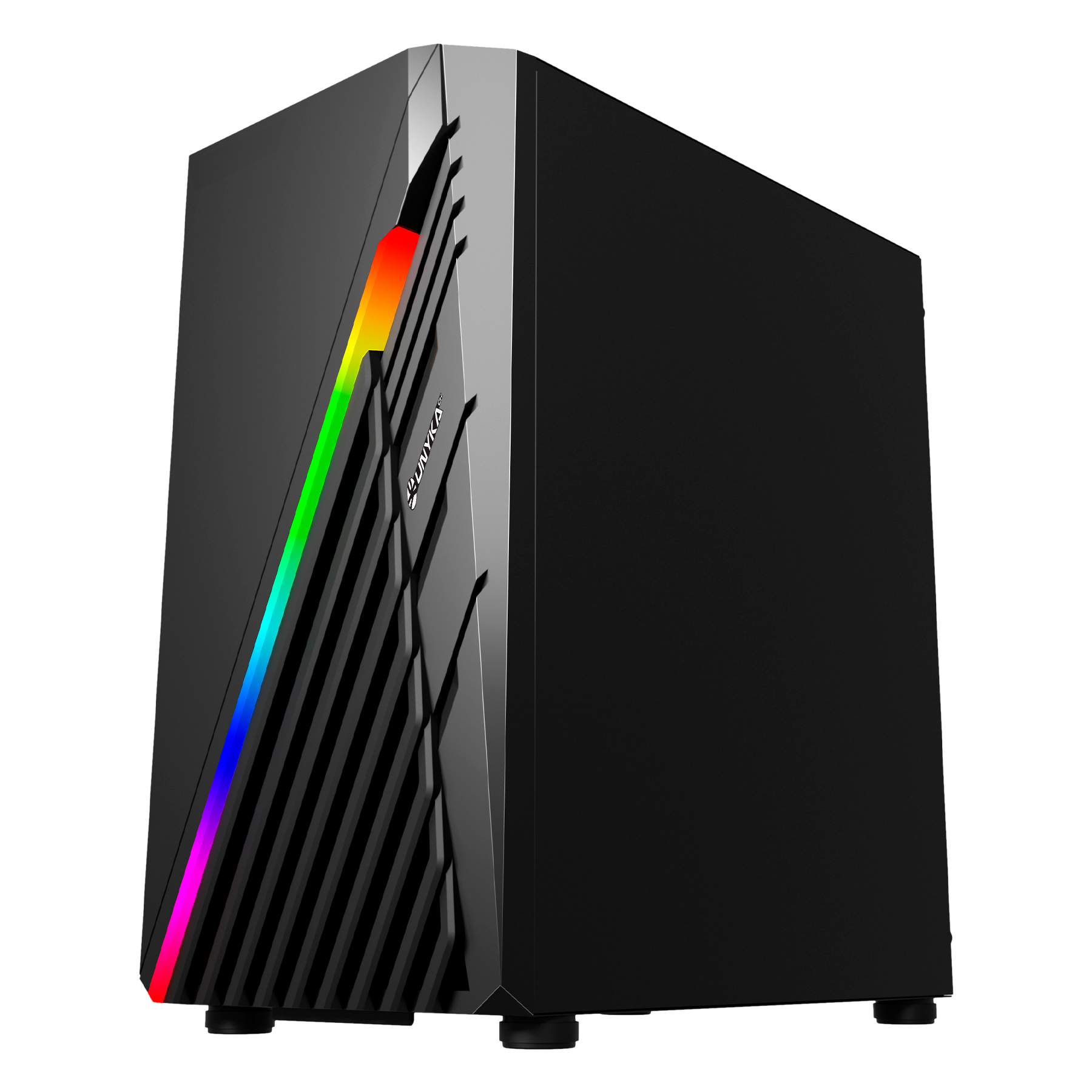 Case PC nero con striscia LED arcobaleno laterale e finitura lucida.
