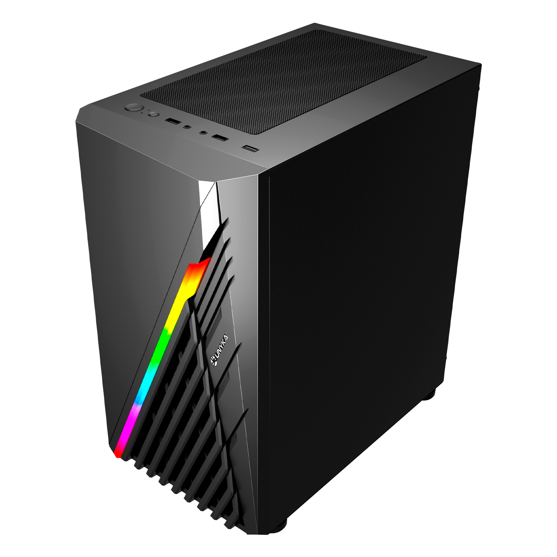 Case PC nero con striscia LED arcobaleno laterale e finitura lucida.